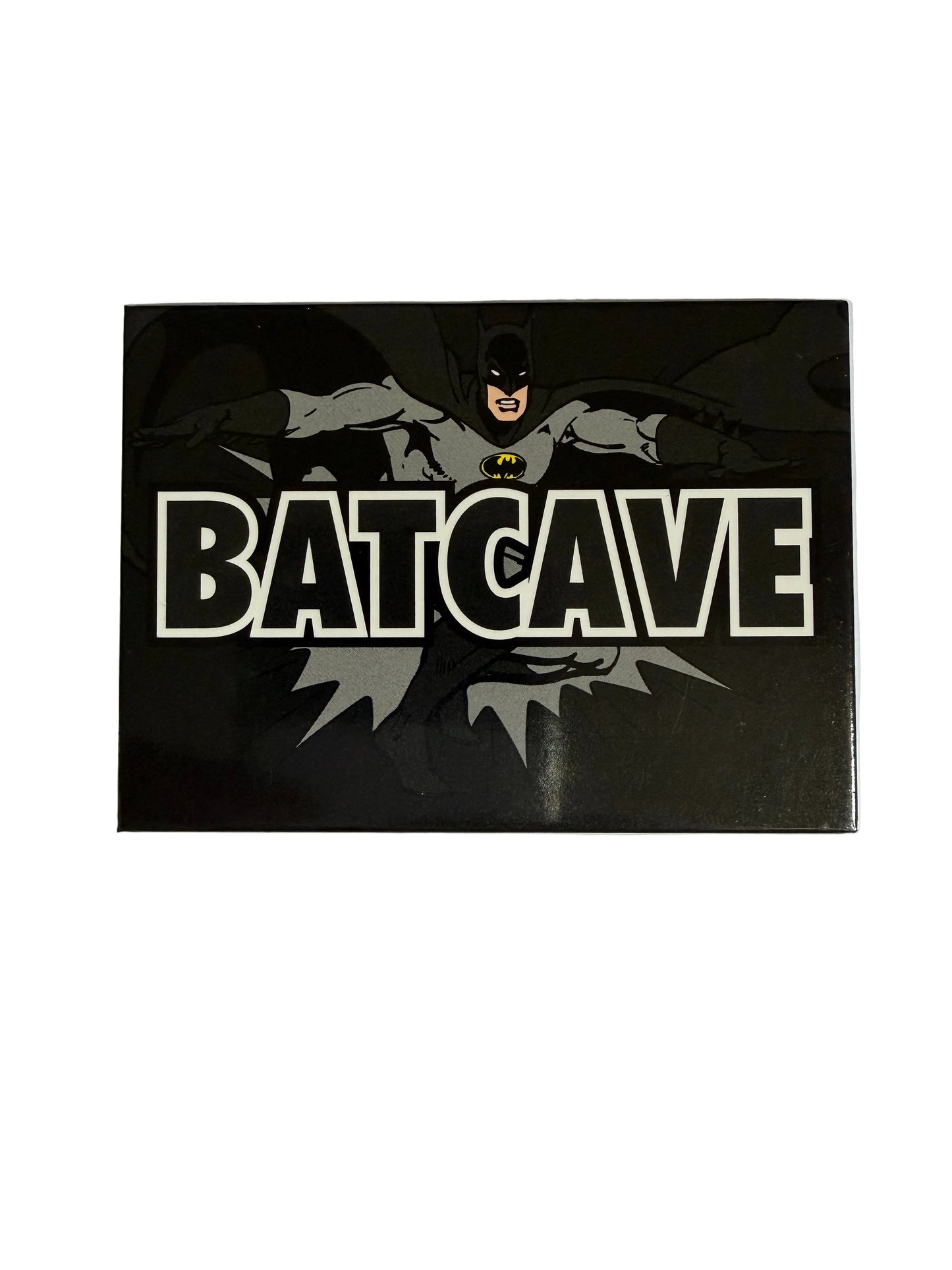 Black fridge magnet with 'Batcave' design featuring a superhero on a white background