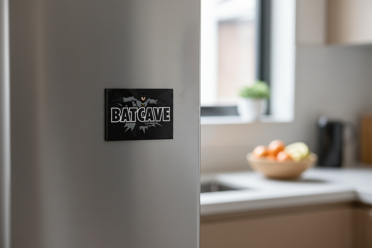 Batcave sign on a refrigerator with a kitchen background