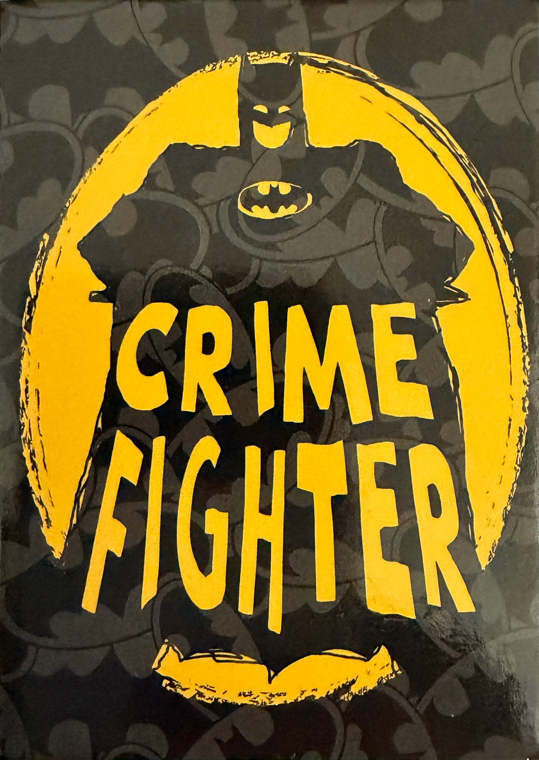 Batman silhouette with 'Crime Fighter' text on a dark background