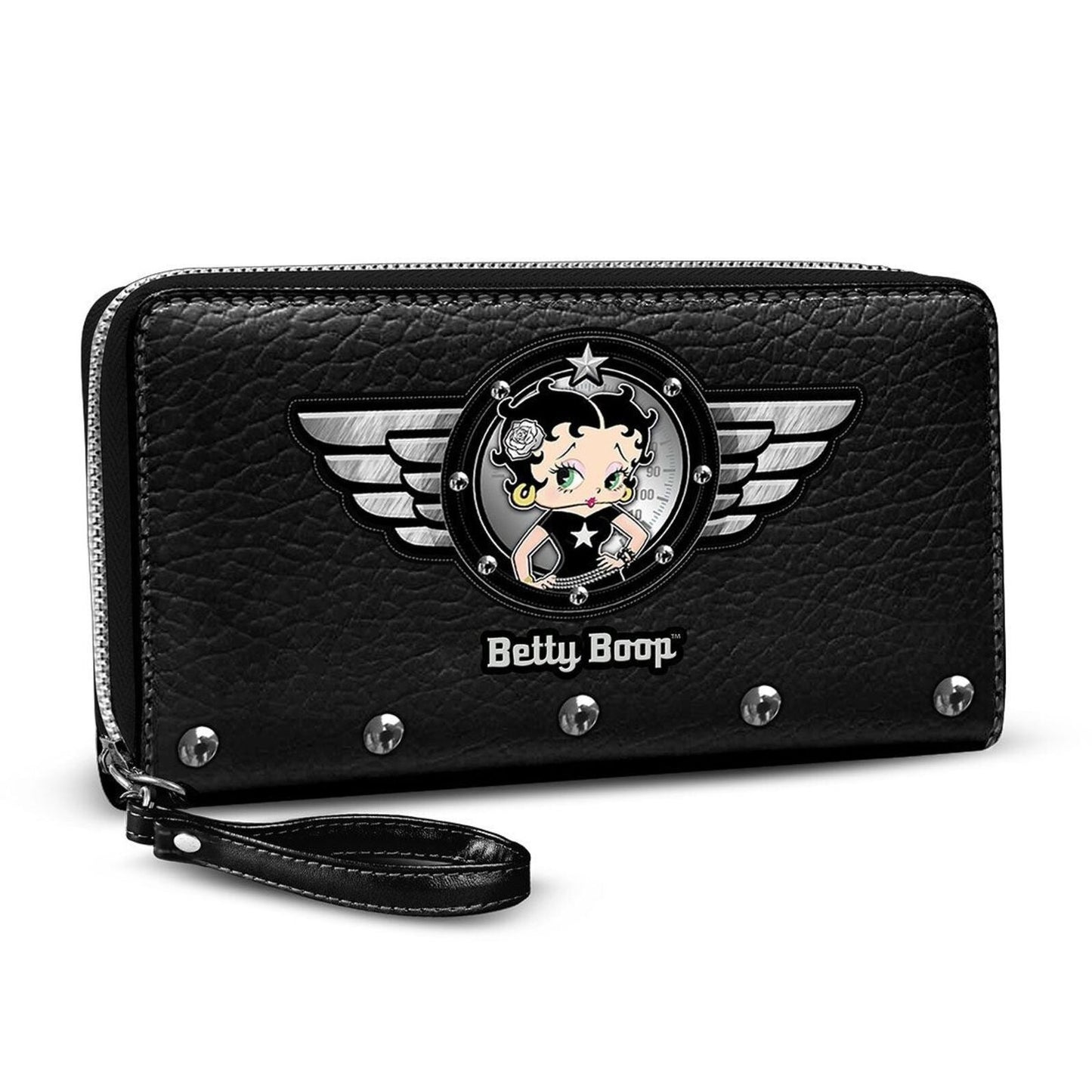 Betty Boop Large Zip-Around Black Purse with Wrist Strap