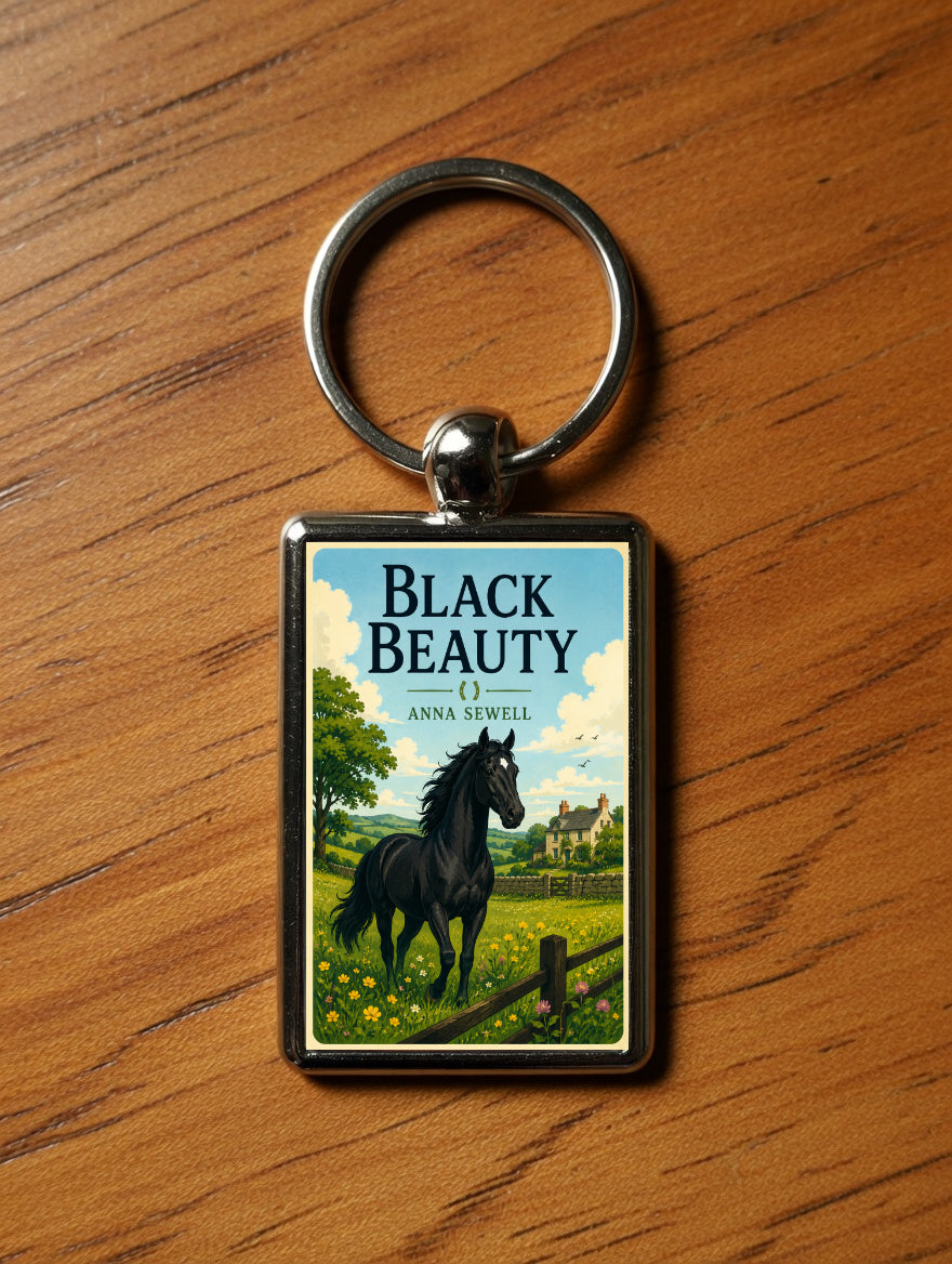 Black Beauty metal keyring on a wooden table