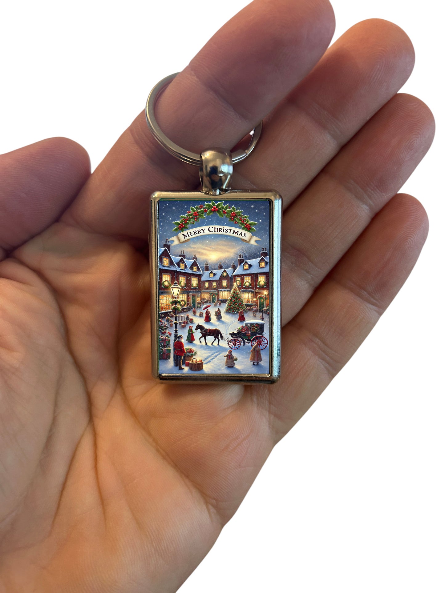 Traditional Christmas Scene With Greeting Metal Keyring