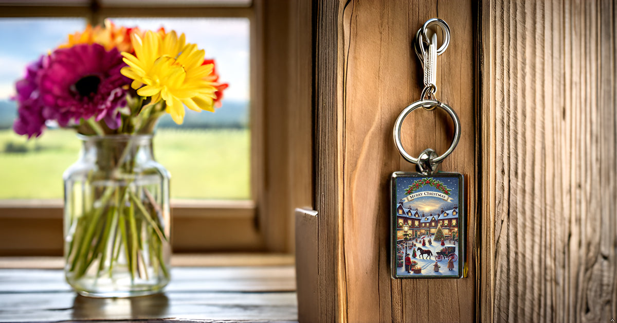 Traditional Christmas Scene With Greeting Metal Keyring