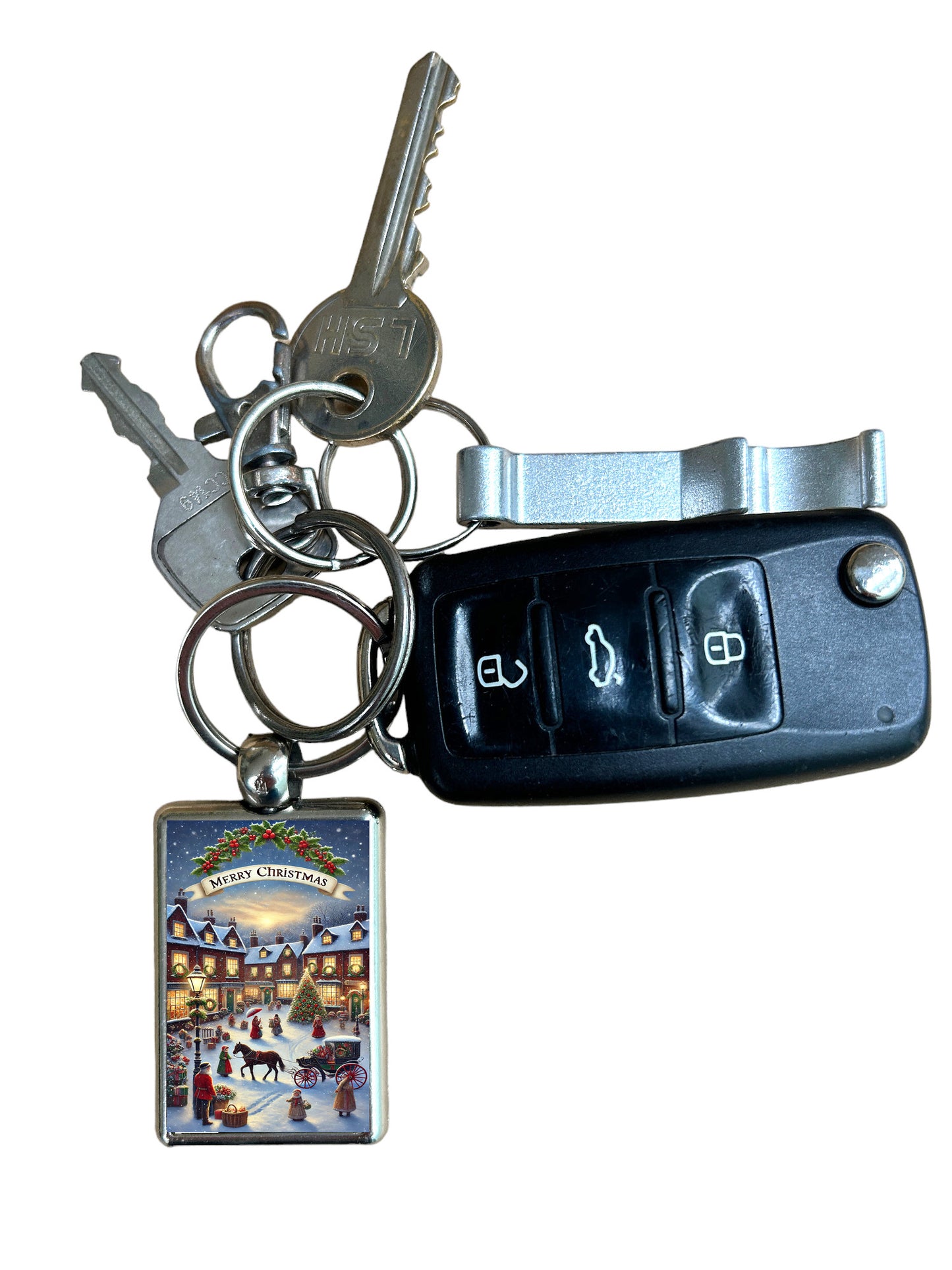 Traditional Christmas Scene With Greeting Metal Keyring