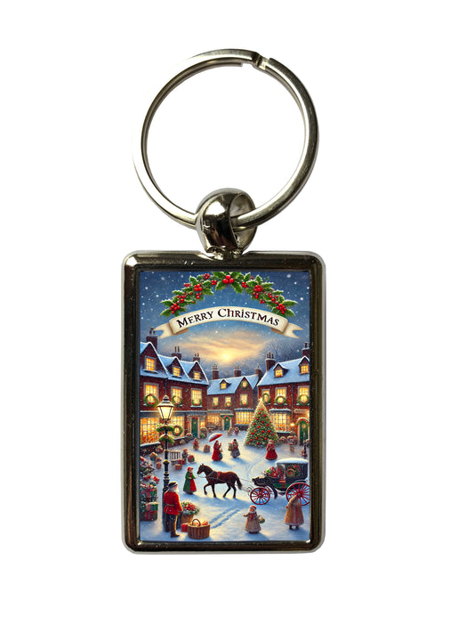 Traditional Christmas Scene With Greeting Metal Keyring