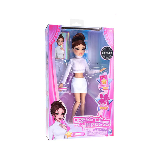 Roblox Dress To Impress Series 1 Lana Fashion Doll in white outfit holding pink nail file, in box