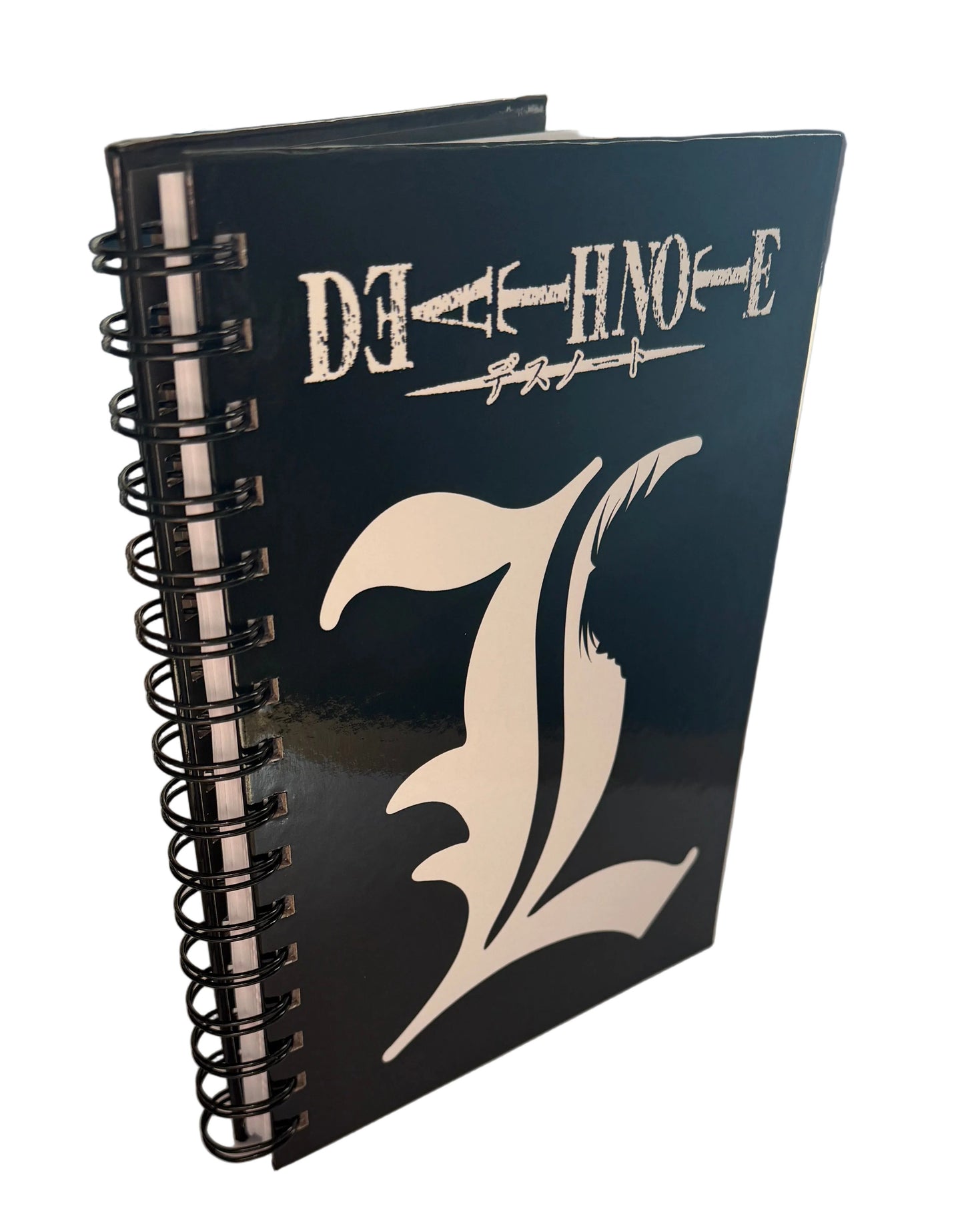 Notebook with 'Death Note' logo and character symbol on a white background