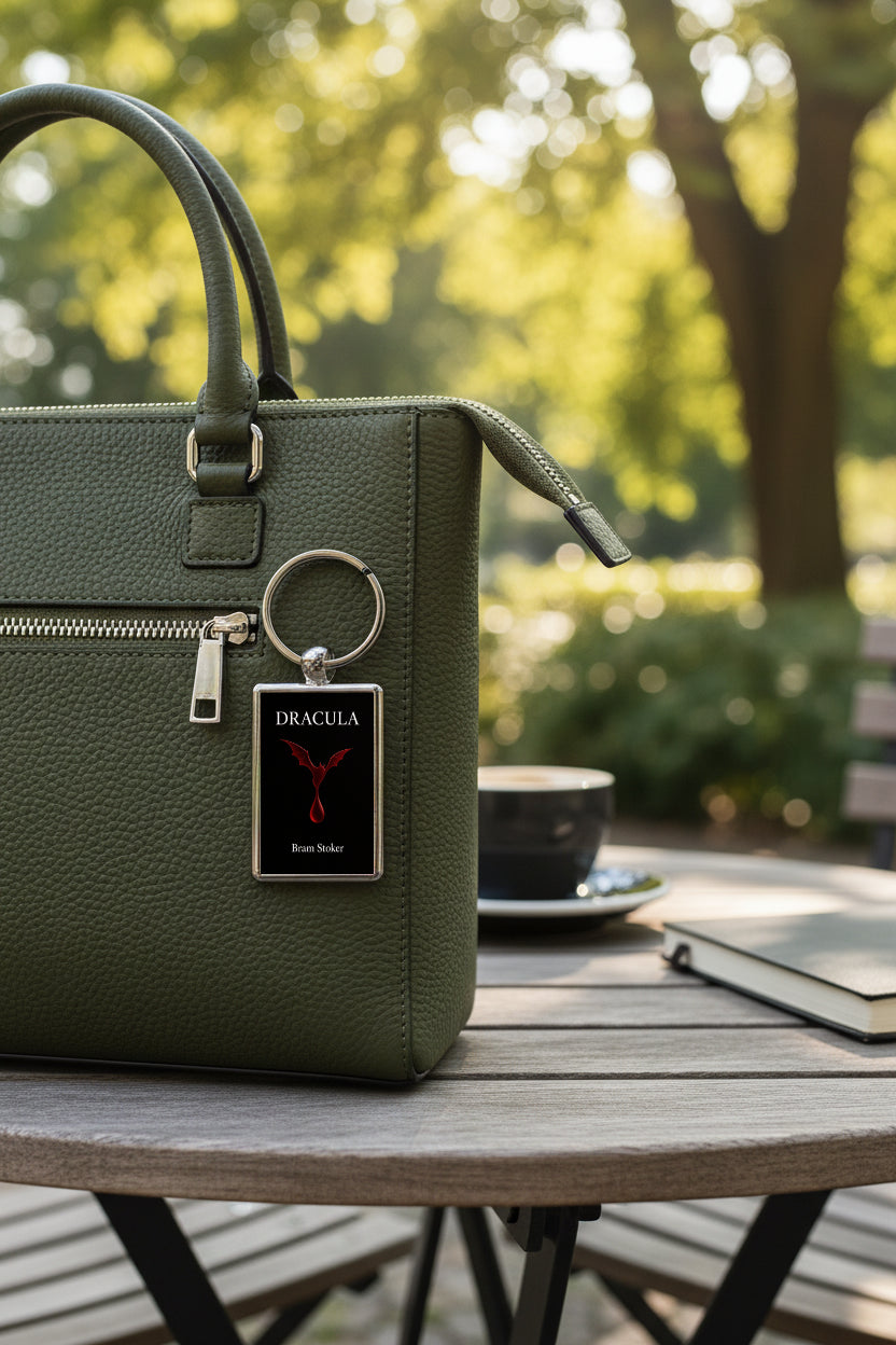 An olive green pebbled leather handbag sits on a wooden table outdoors, with a branded keychain charm hanging from the zipper. The background shows a softly blurred park scene with trees and a cup on a saucer.