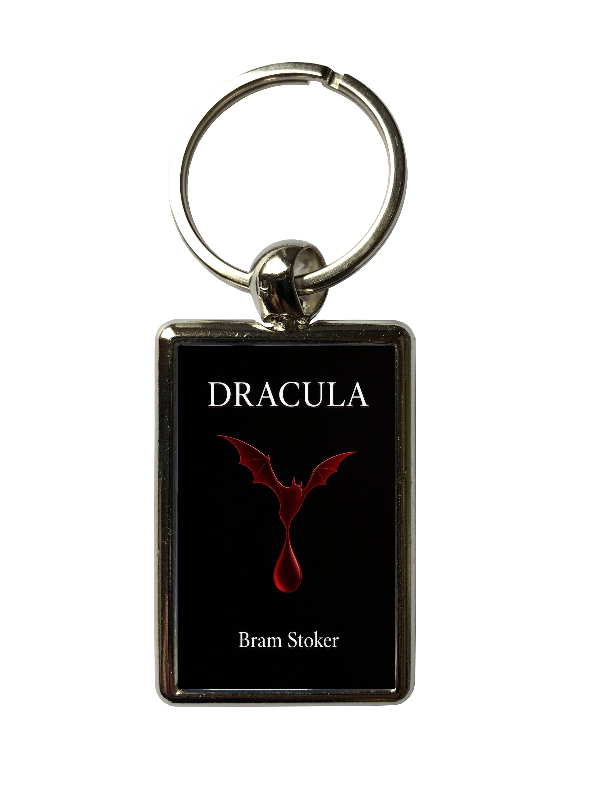 A rectangular keychain with a black face featuring the word 'DRACULA' in white at the top, a red bat-and-drop symbol in the center, and 'Bram Stoker' in white at the bottom. The keychain has a silver metal border and a silver split key ring, shown on a plain white background.