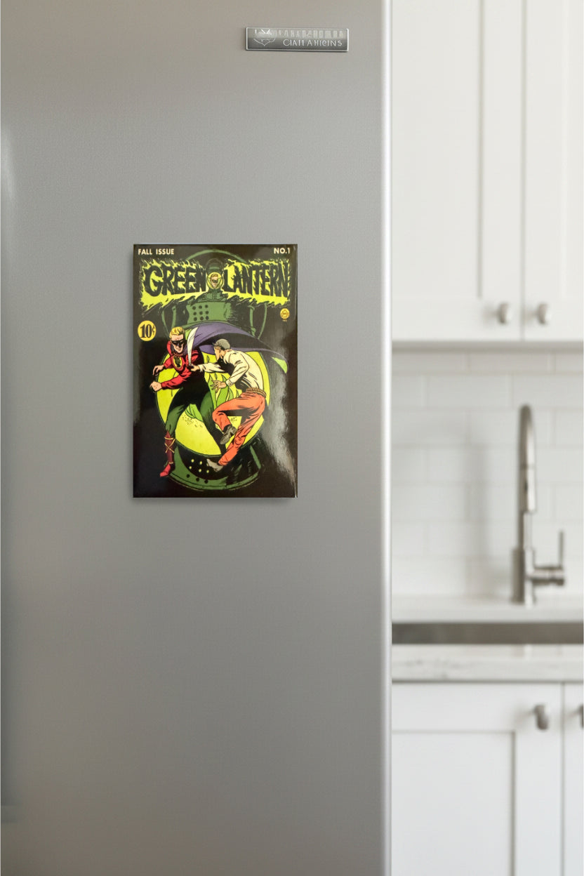 Comic book cover magnet on a refrigerator in a kitchen