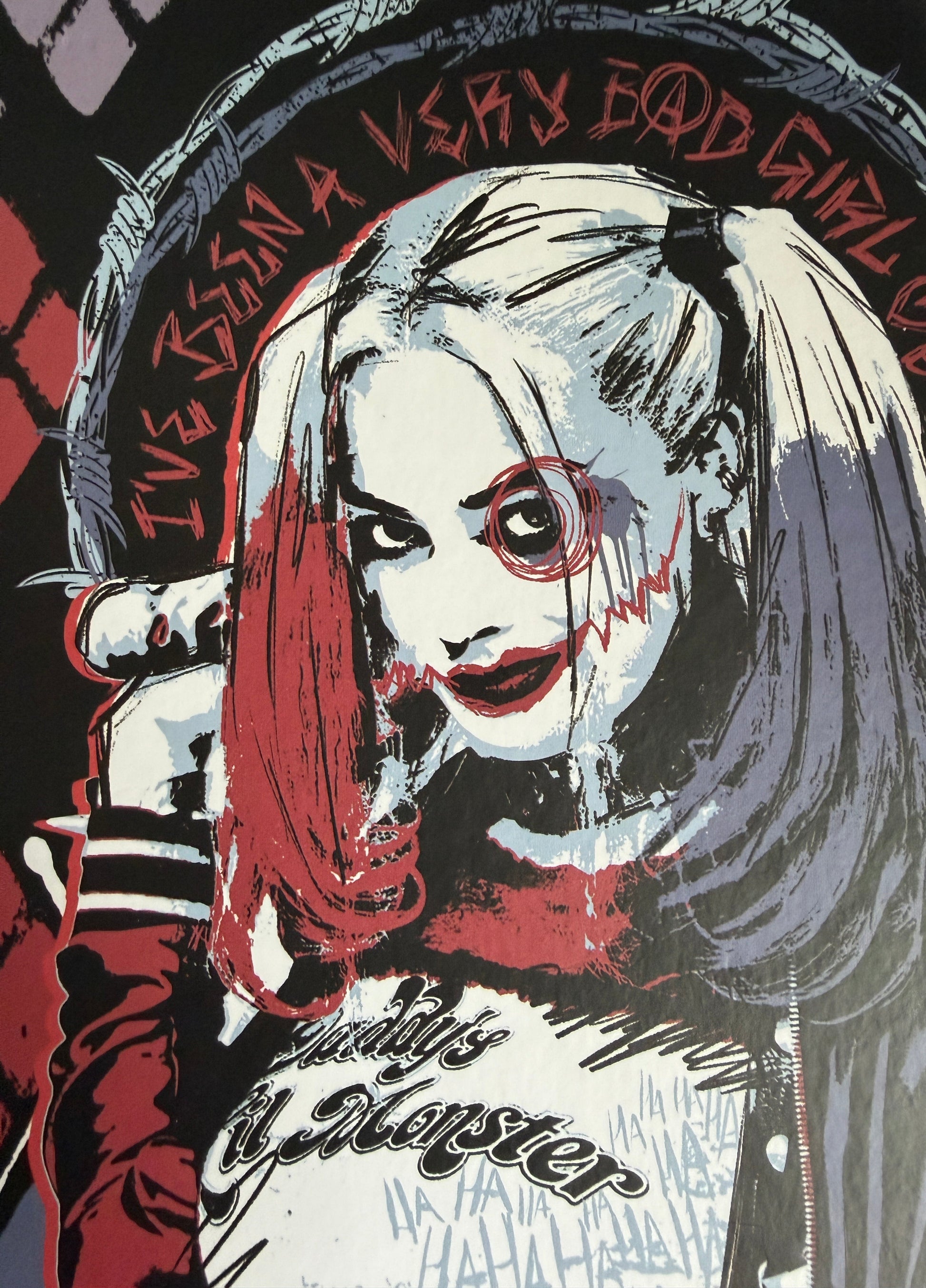 Illustration of a Harley figure with text and a red scarf on a black background
