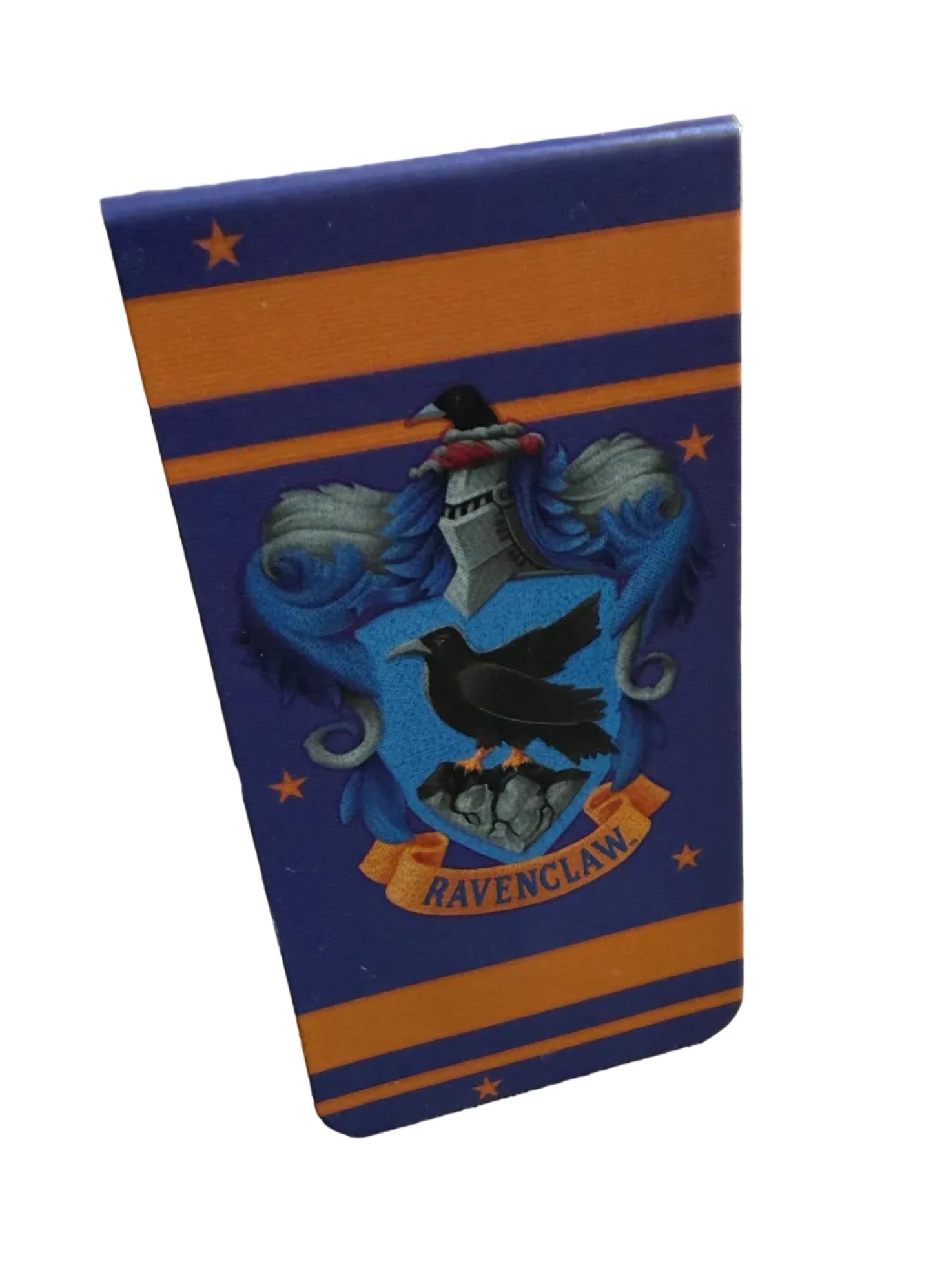 Ravenclaw crest badge with blue and orange stripes on a white background