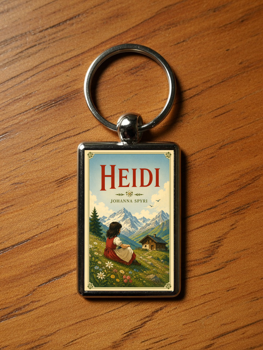 Heidi metal keyring on a wooden table
