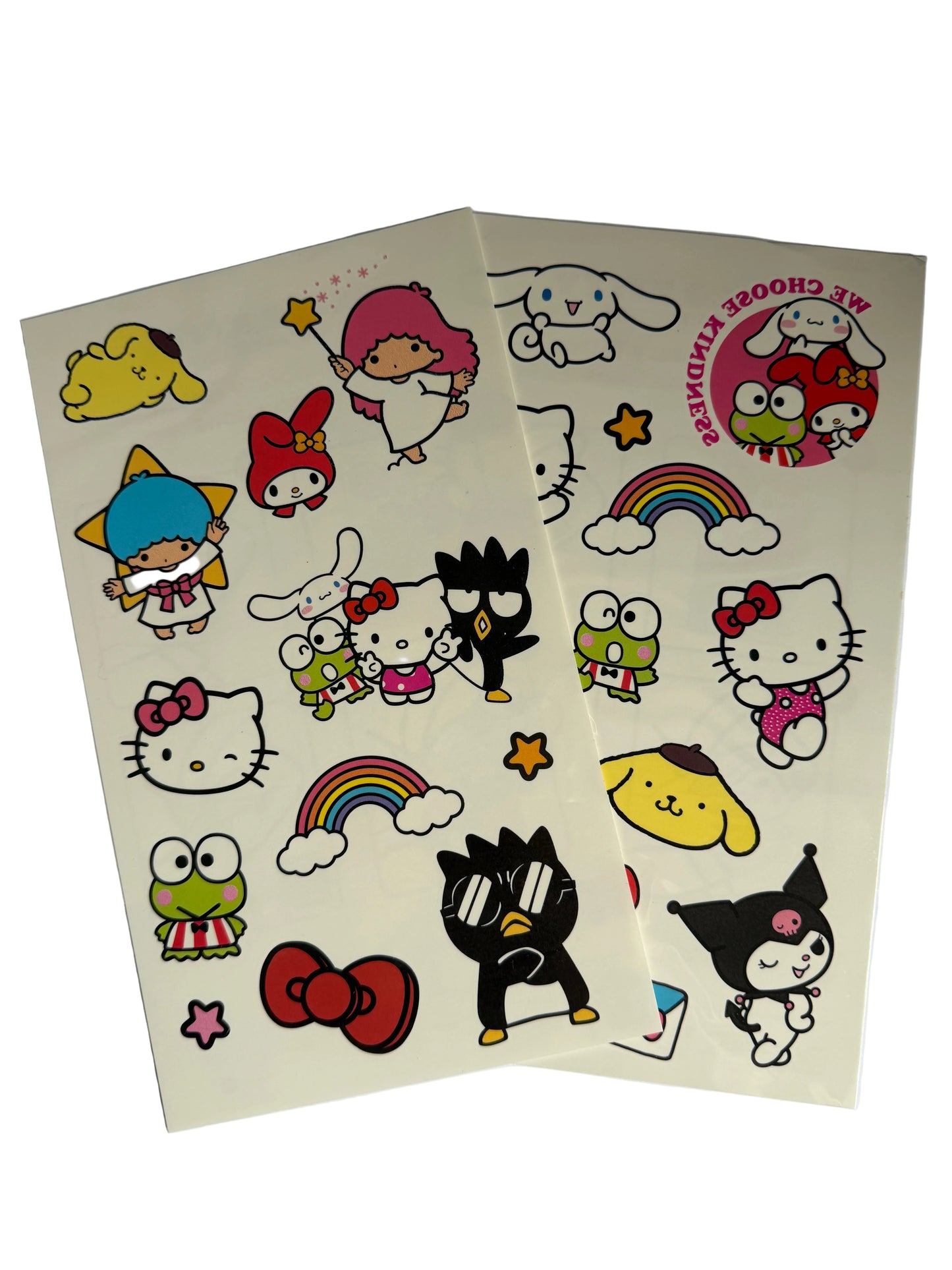 Sheet of colorful cartoon stickers featuring various characters on a white background.
