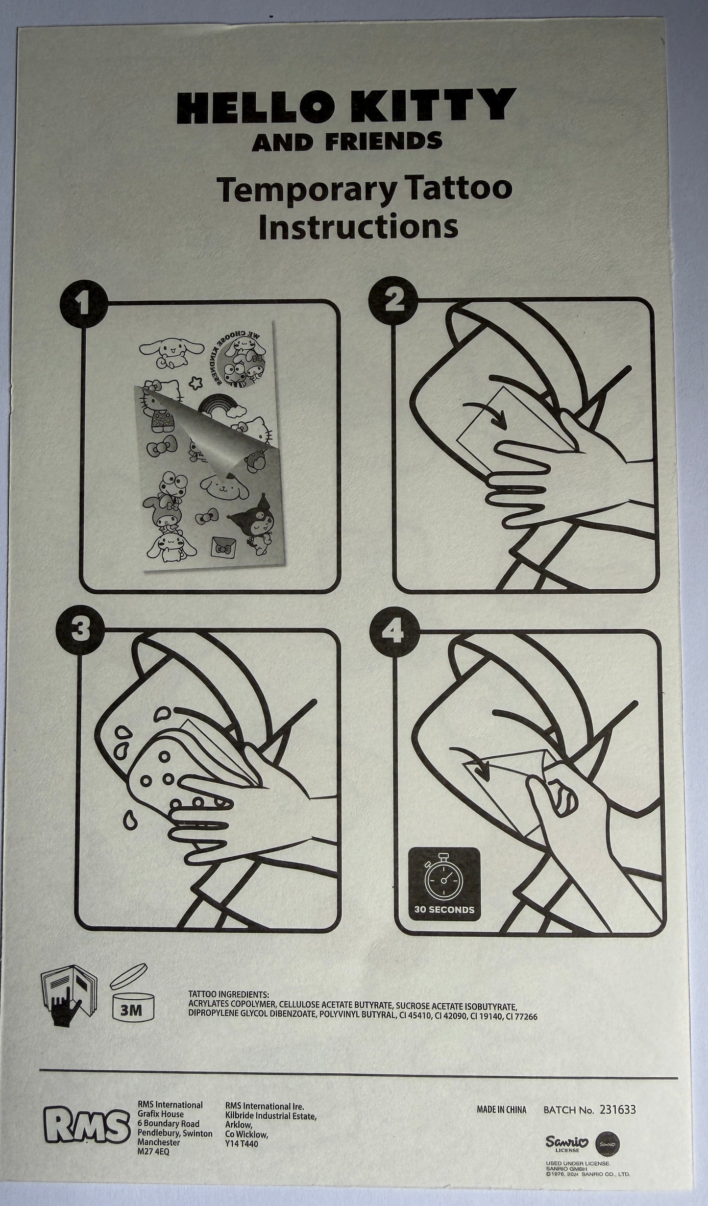 Instructions for Hello Kitty and Friends temporary tattoos on a light gray background