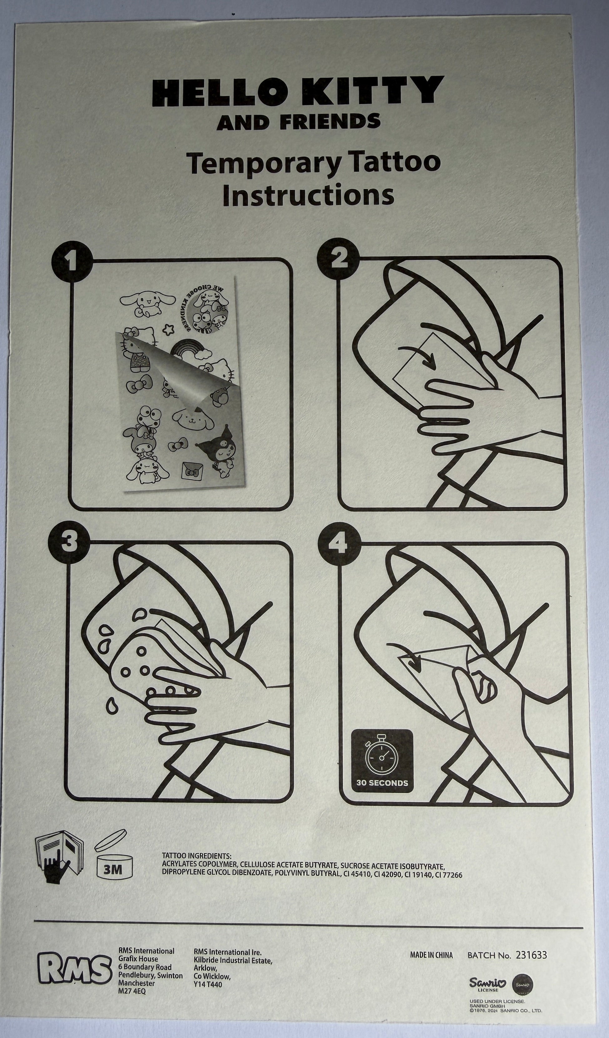 Instructions for Hello Kitty and Friends temporary tattoos on a light gray background