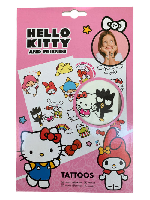 Packaging of Hello Kitty Temporary Tattoos featuring 25 different designs. The package is predominantly pink with images of Hello Kitty and friends in various poses and outfits.