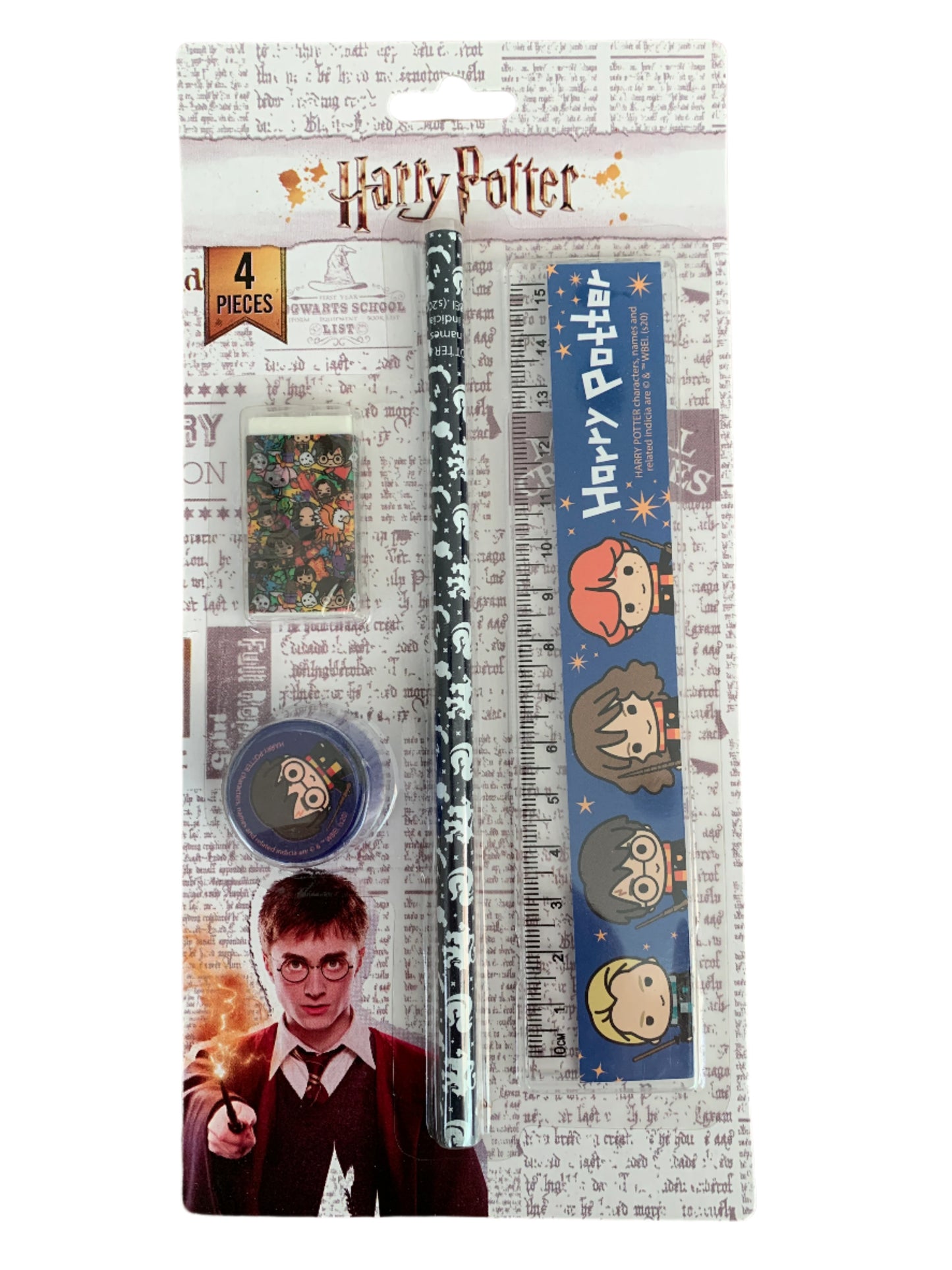 Harry Potter Pencil Set 4PCS – Ruler, Eraser, Sharpener, HB Pencil – School Stationery Gift