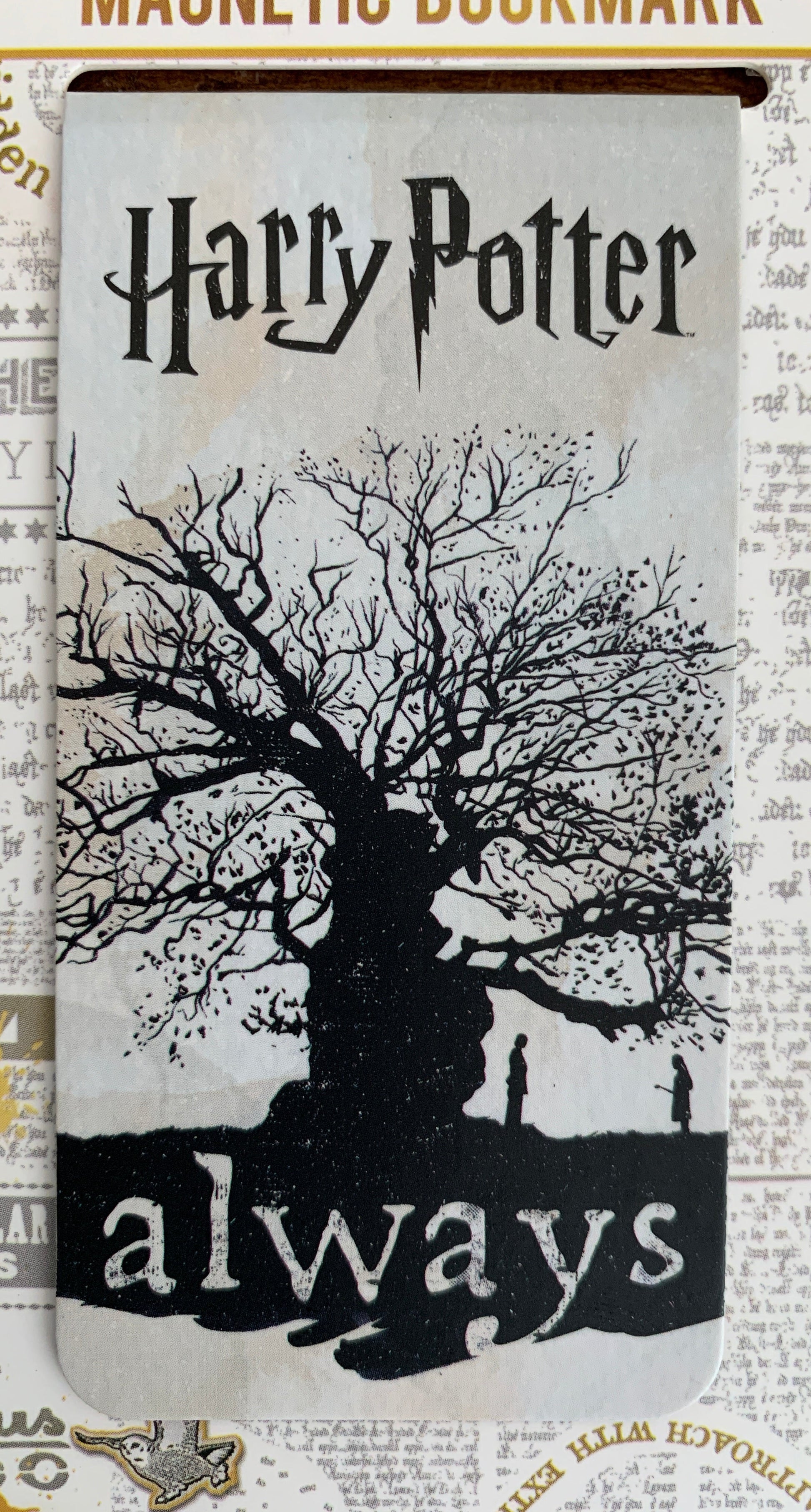 Harry Potter-themed bookmark with tree design and 'always' text on a white background