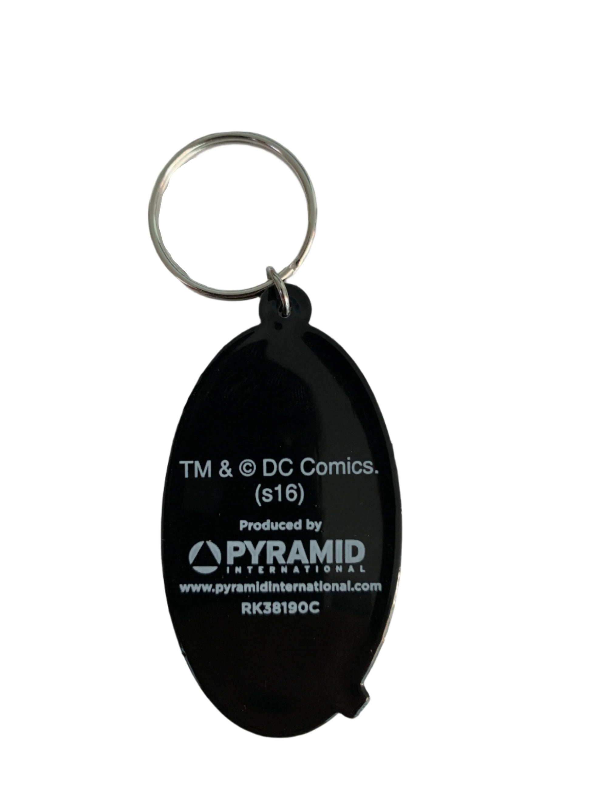 Black oval keychain with Pyramid logo on a white background