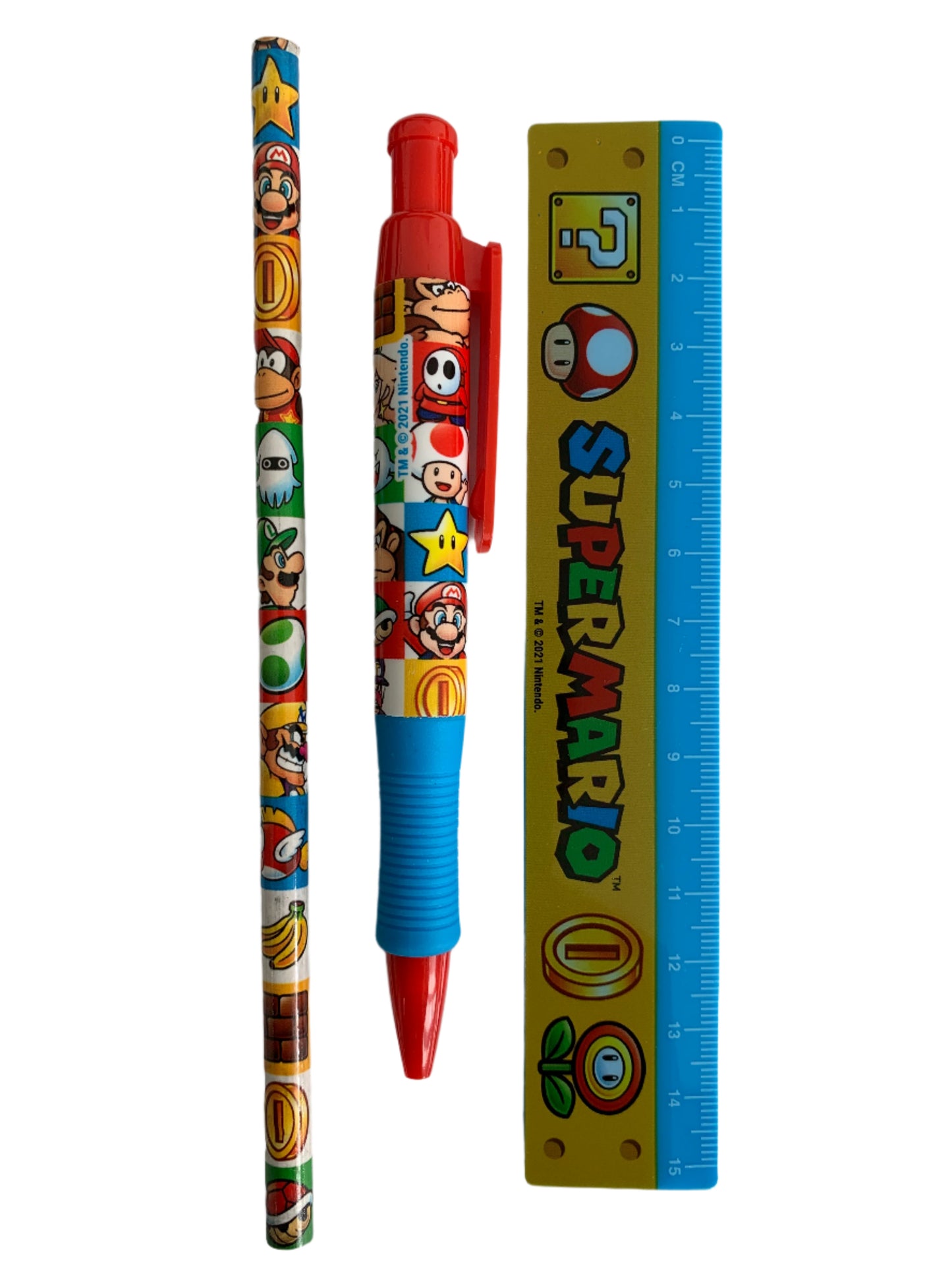 Super Mario-themed pen and pencil set with a ruler on a white background