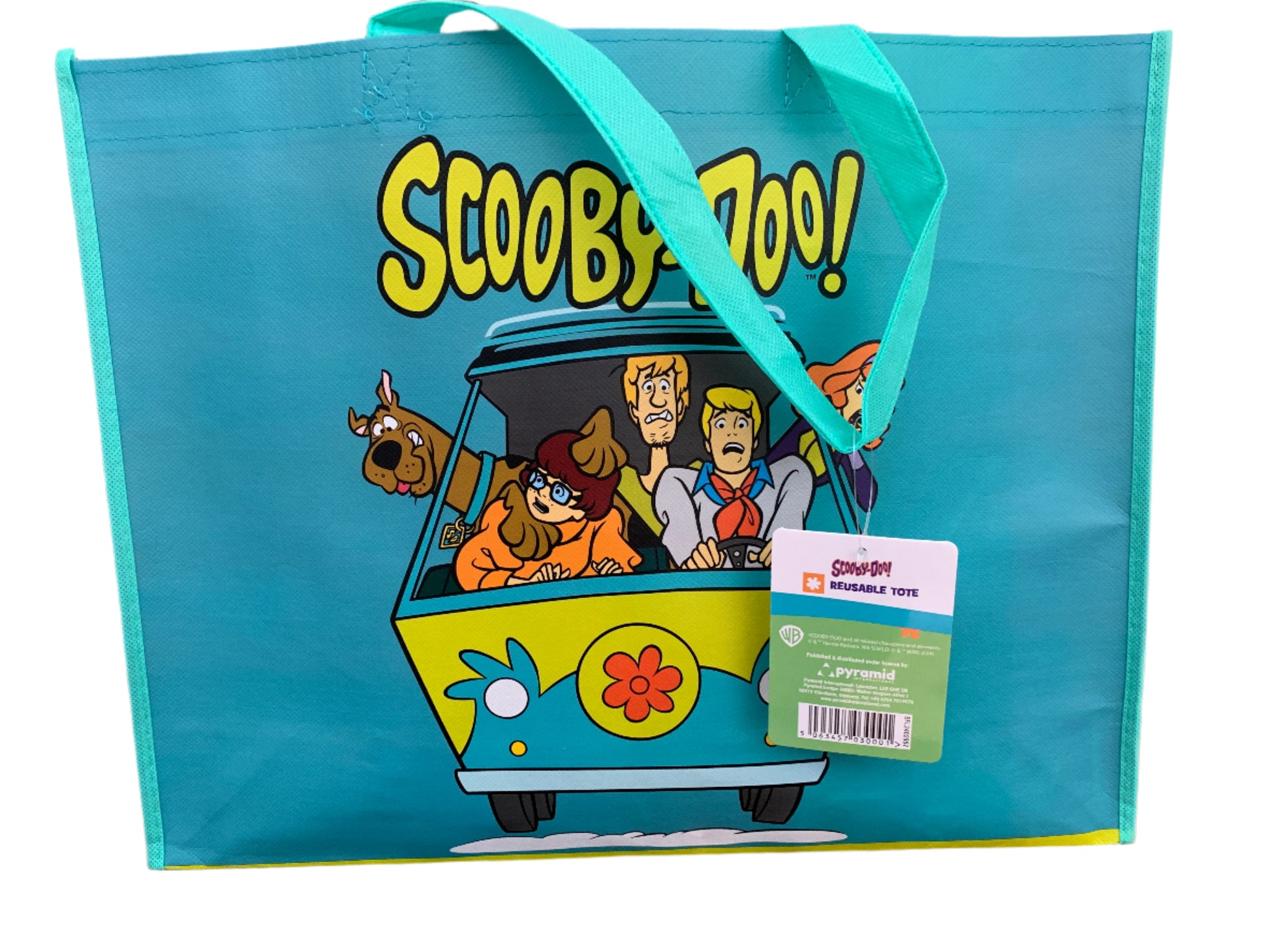 Teal tote bag with Scooby-Doo design featuring characters in a van, on a white background