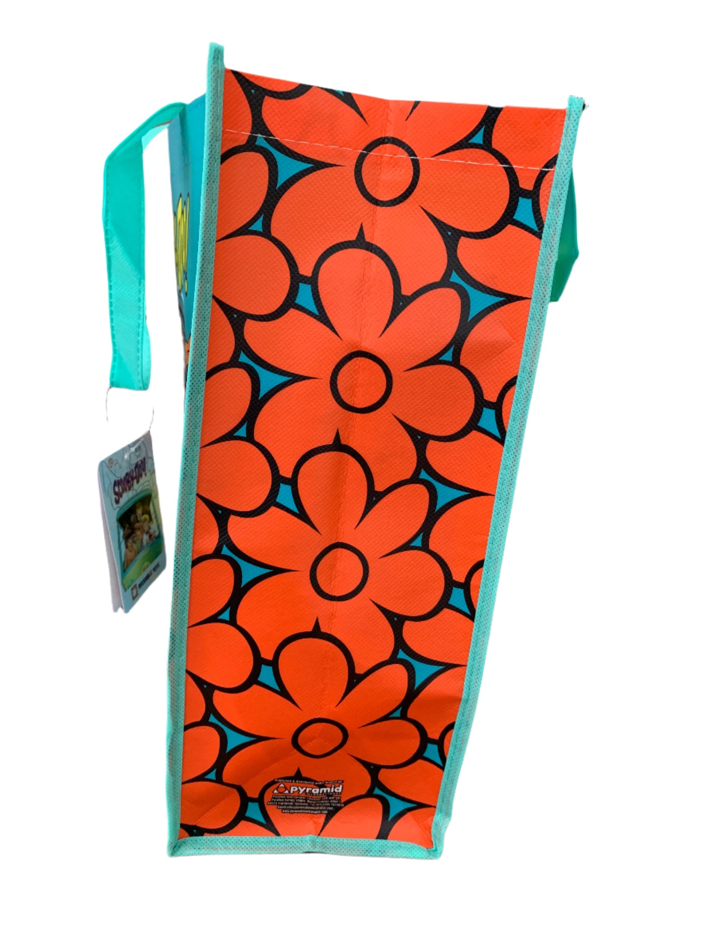 Floral-patterned bag with orange flowers on a white background