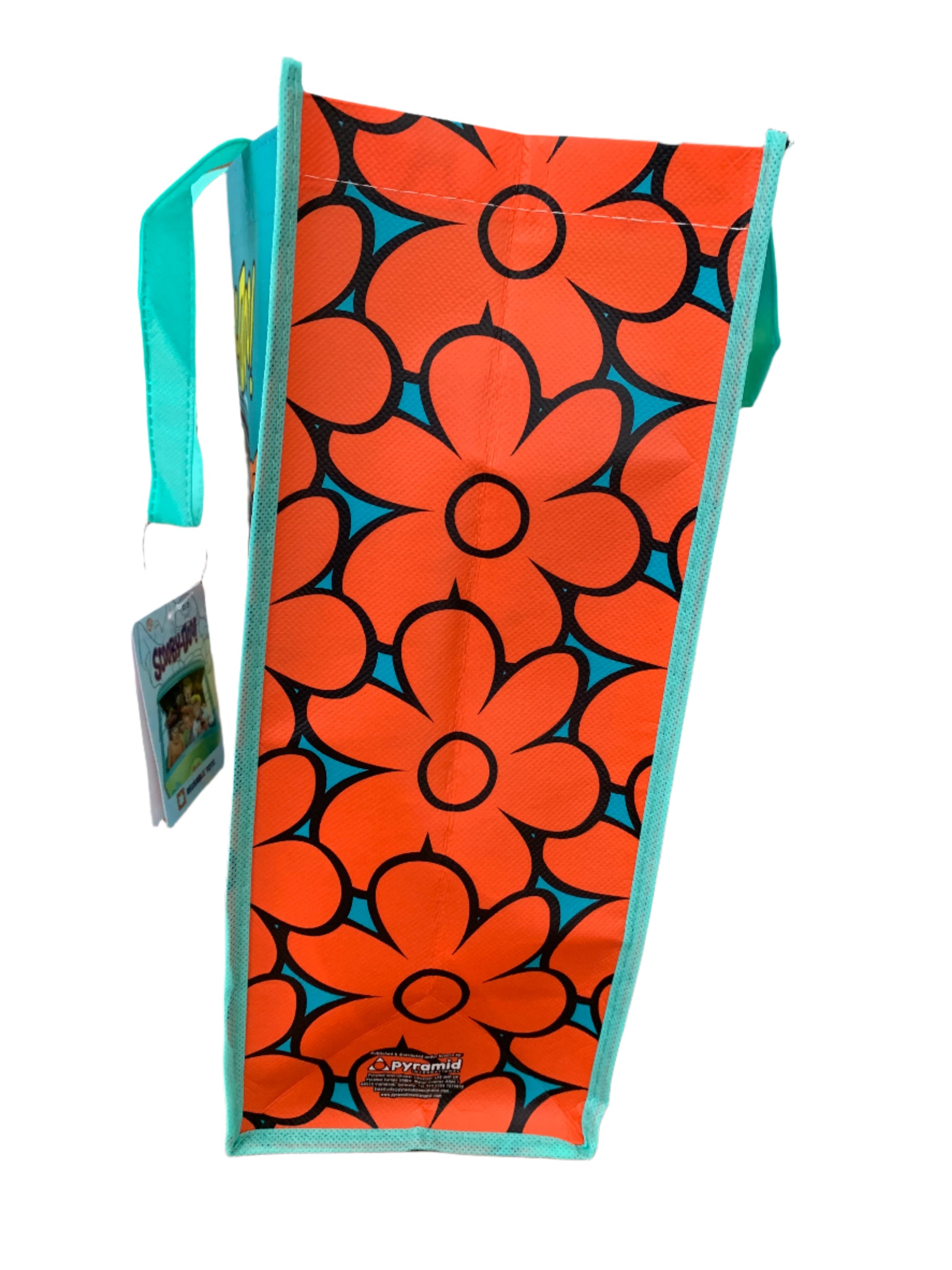 Floral-patterned bag with orange flowers on a white background