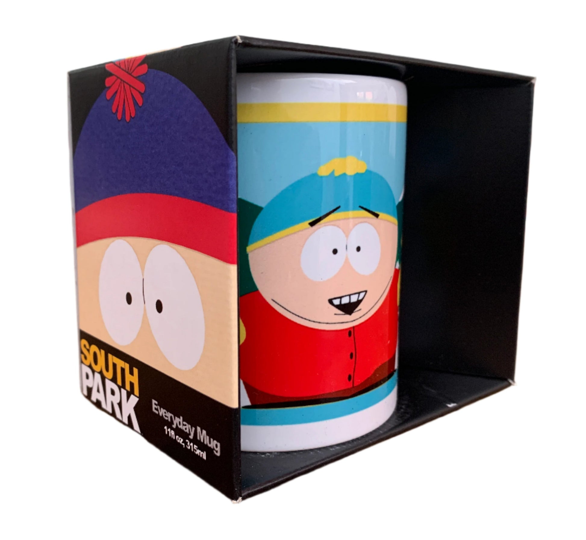 South Park-themed mug in packaging on a white background
