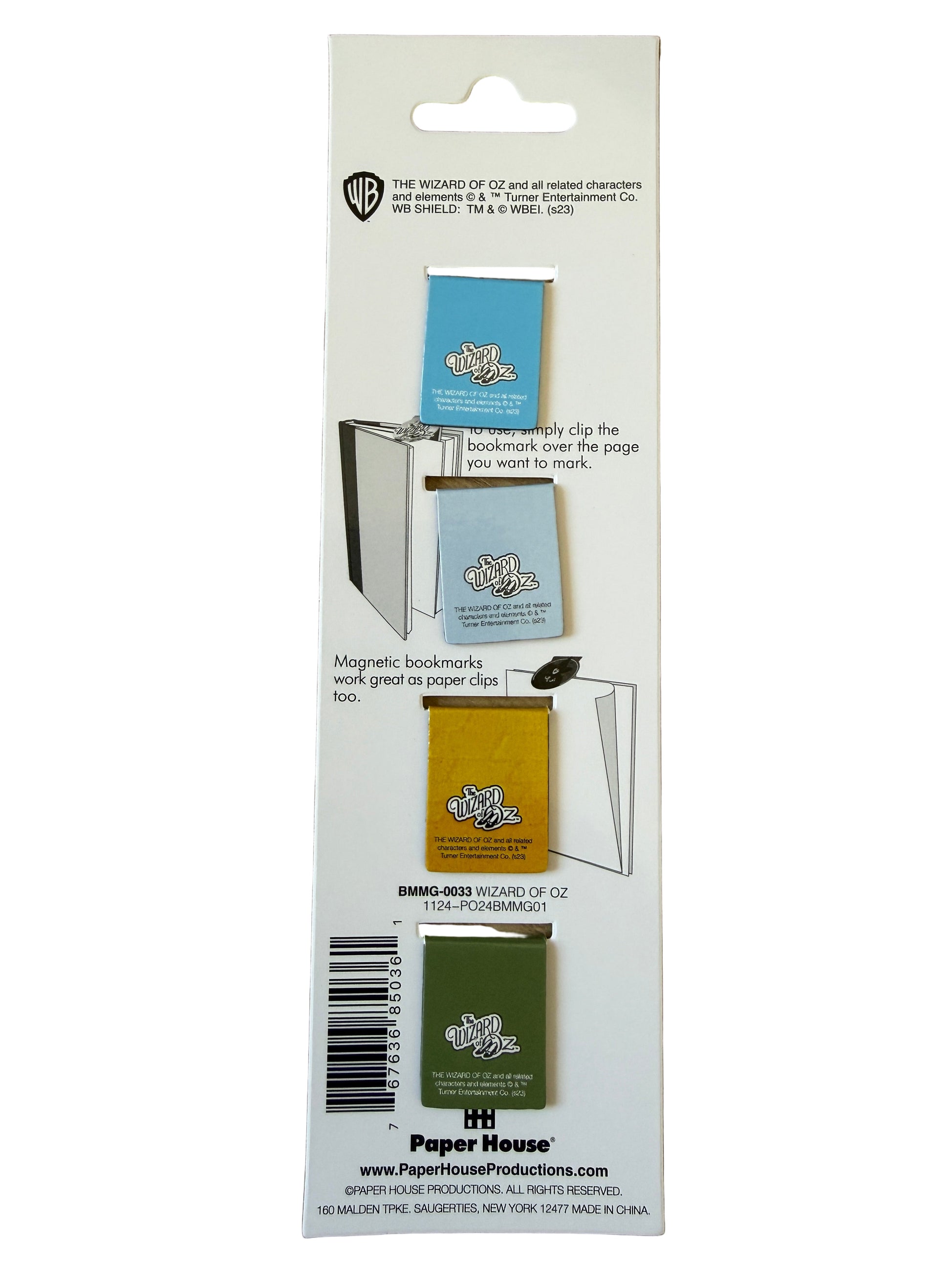 Packaging of magnetic bookmarks with branding on a white background