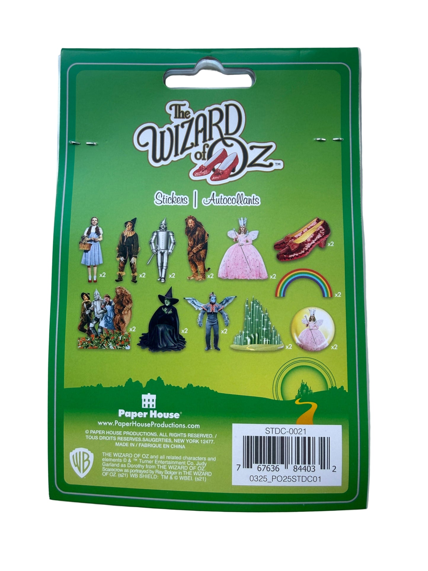 Wizard of Oz die-cut sticker set with 24 assorted character stickers - back of pacaging.