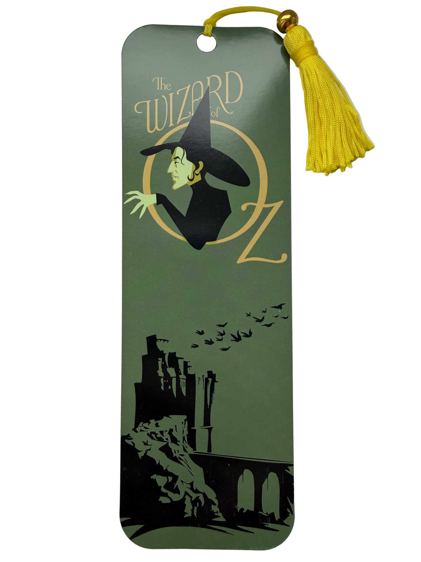 Bookmark with 'The Wizard of Oz' design featuring a witch and castle silhouette on a green background.