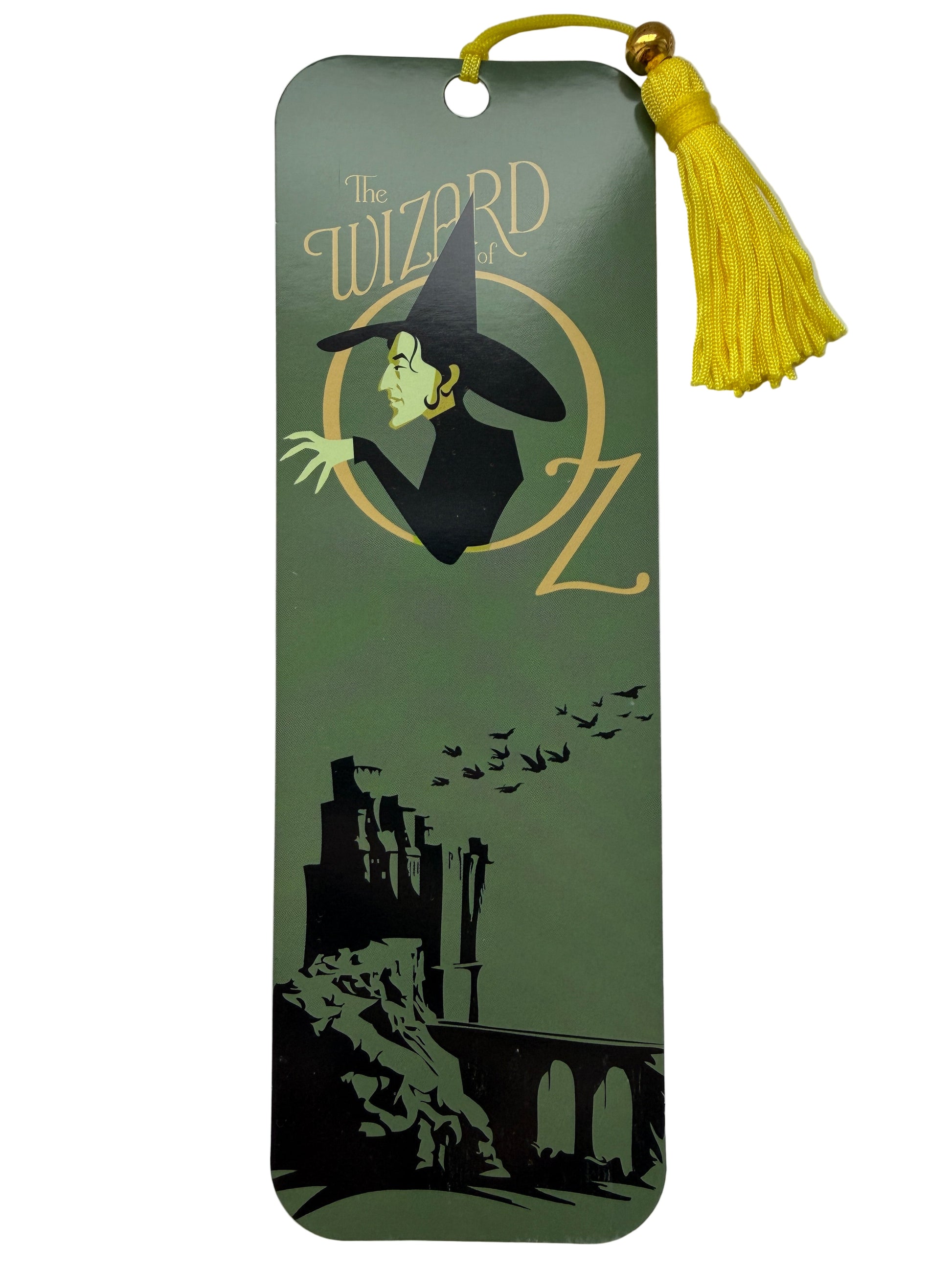 Bookmark with 'The Wizard of Oz' design featuring a witch and castle silhouette on a green background.