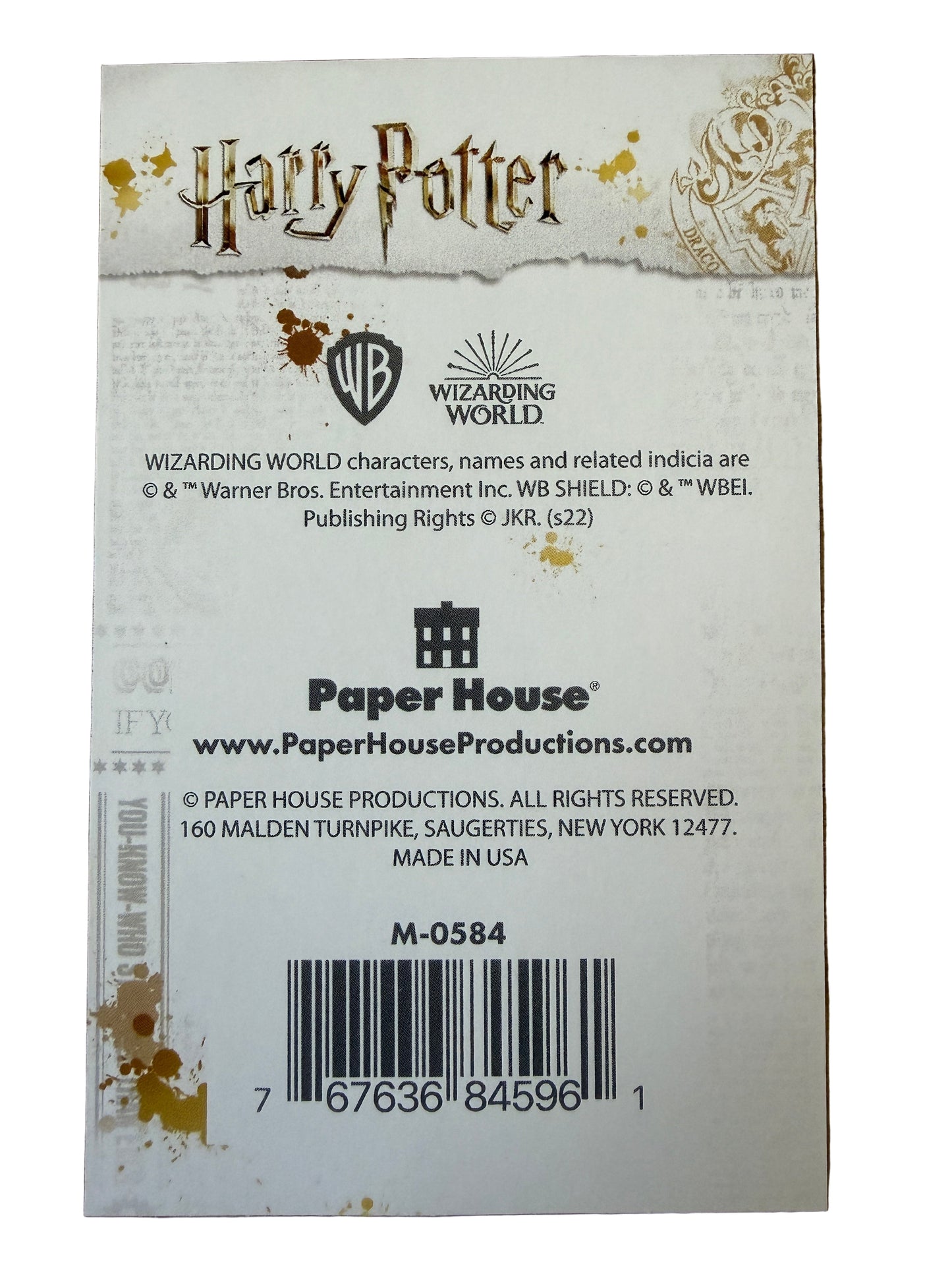 Product label for 'Harry Potter' with branding and a barcode on a wooden surface