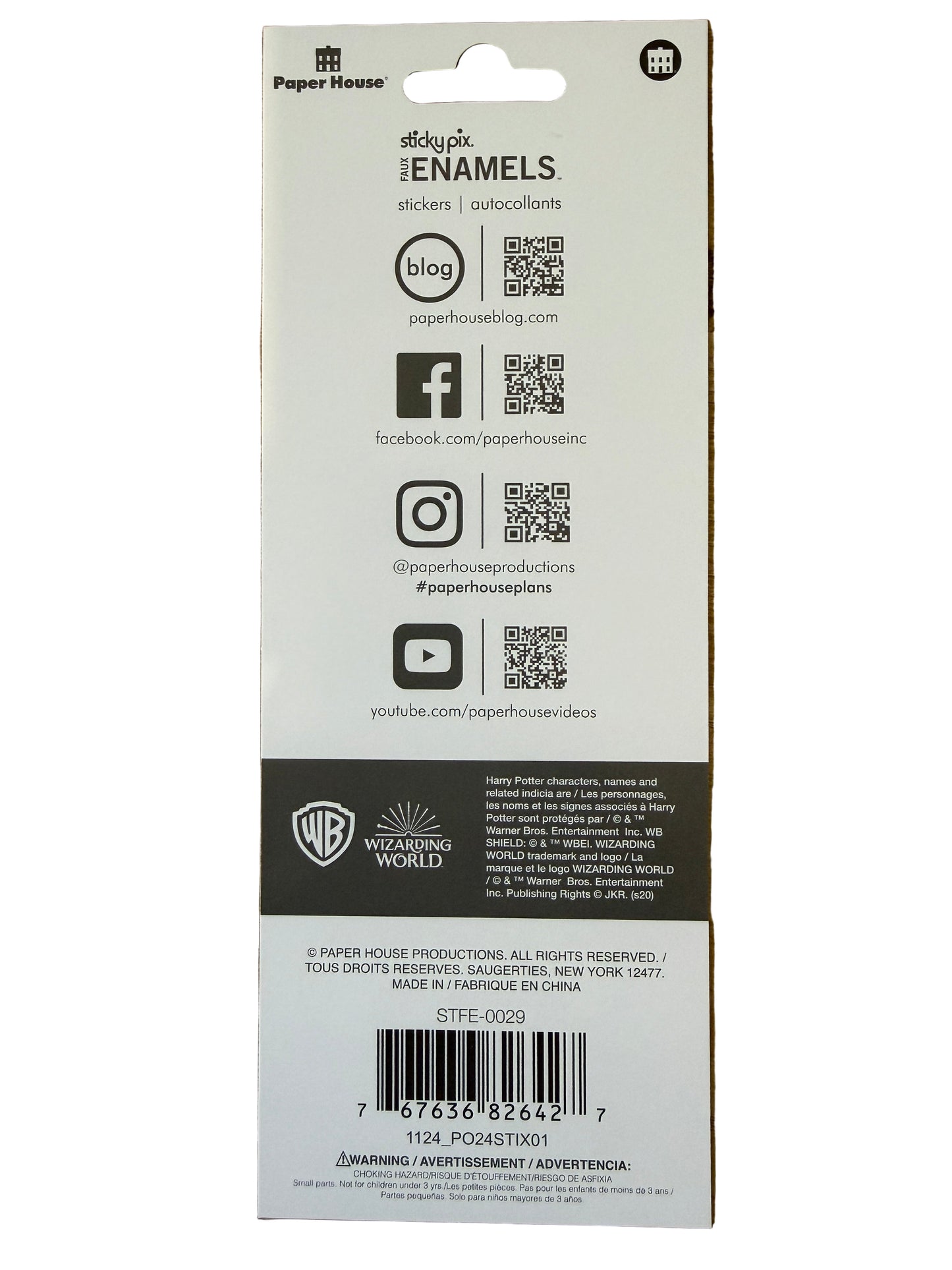 Harry Potter enamel-style sticker sheet showing Gryffindor, Ravenclaw, Slytherin and Hufflepuff crests Back of packaging