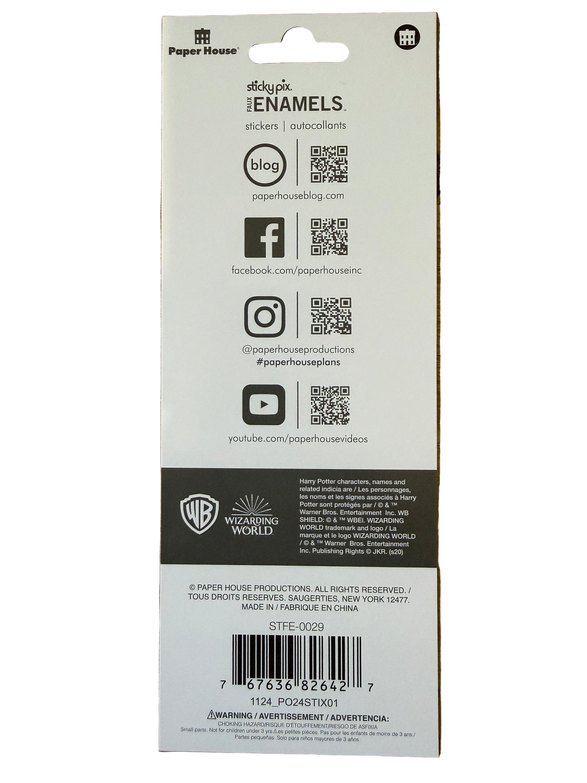 Harry Potter enamel-style sticker sheet showing Gryffindor, Ravenclaw, Slytherin and Hufflepuff crests Back of packaging