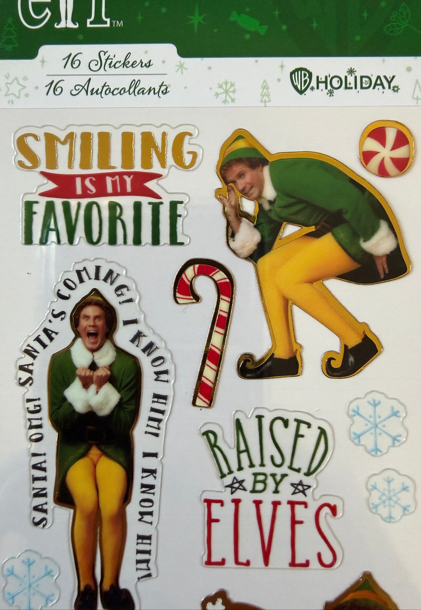 Close-up of Buddy the Elf stickers on backing card