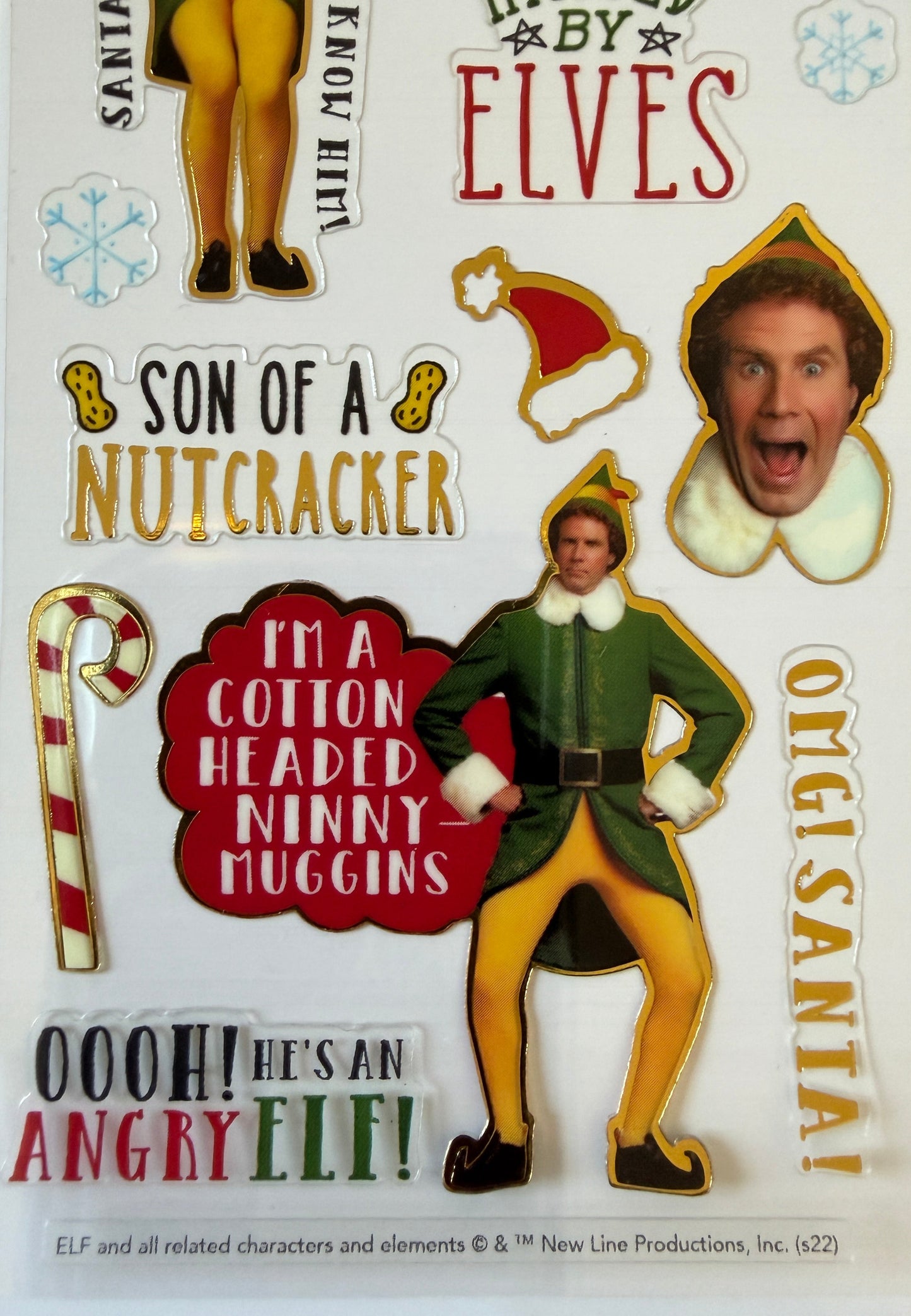 Close-up of Buddy the Elf stickers on backing card