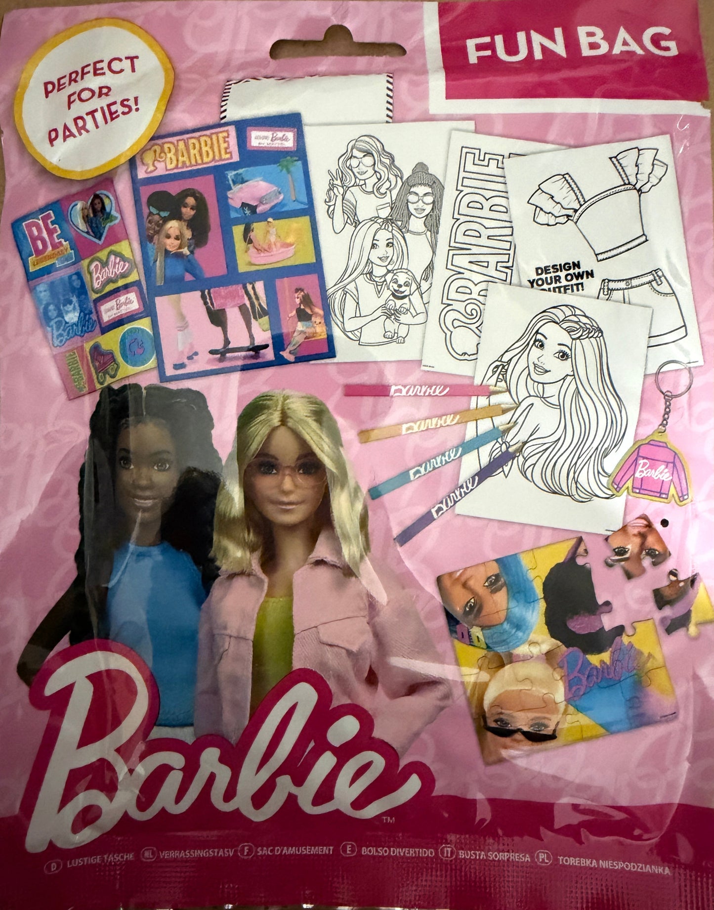 Barbie Licensed Fun Bag | Stickers, Puzzle, Colouring Book, Crayons & Keyring | Kids Party Gift Pack