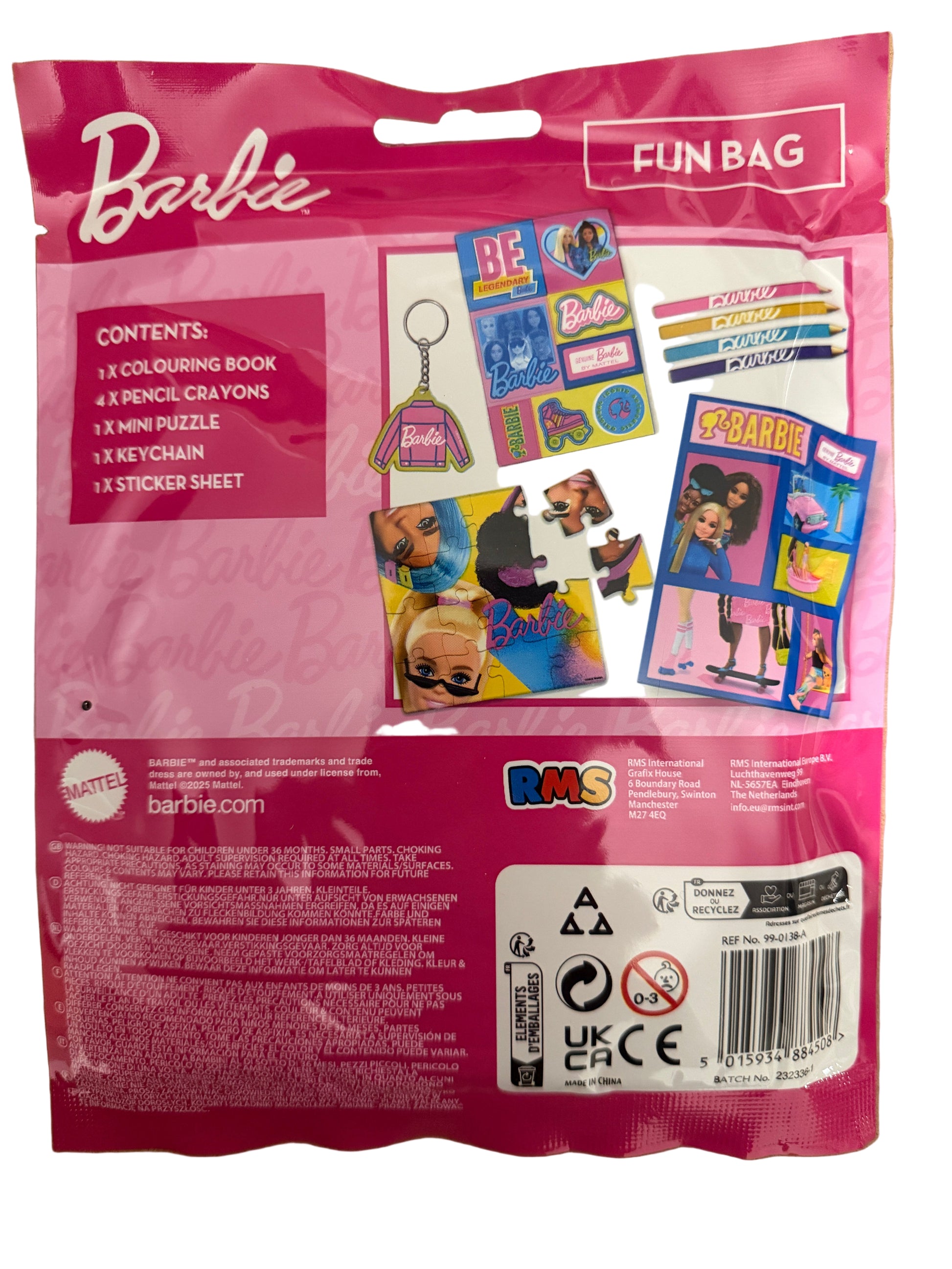 Barbie fun bag packaging with various items on a brown background