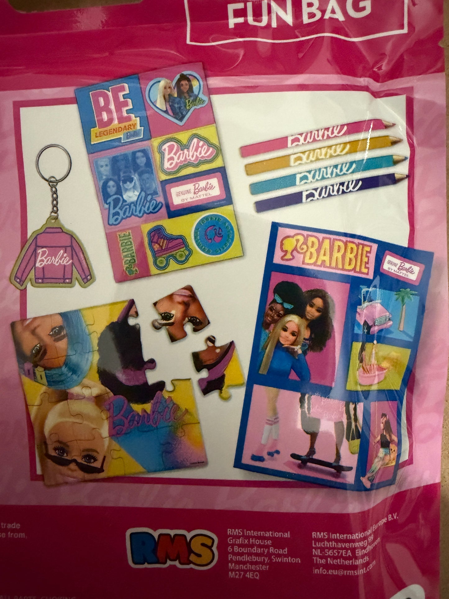 Barbie Licensed Fun Bag | Stickers, Puzzle, Colouring Book, Crayons & Keyring | Kids Party Gift Pack
