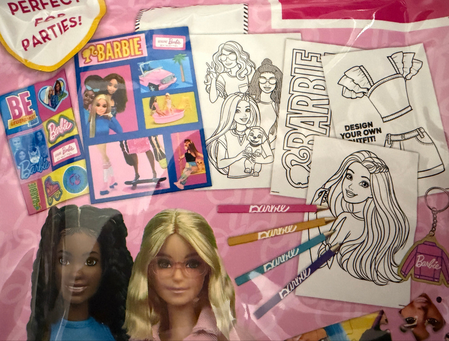 Barbie Licensed Fun Bag | Stickers, Puzzle, Colouring Book, Crayons & Keyring | Kids Party Gift Pack