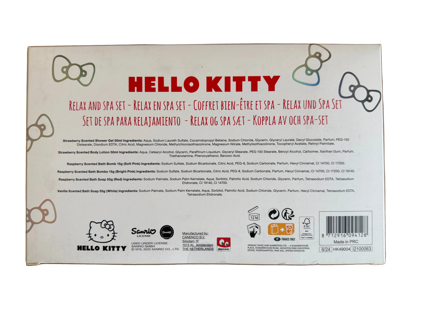 Back of a Hello Kitty product packaging with text and branding.