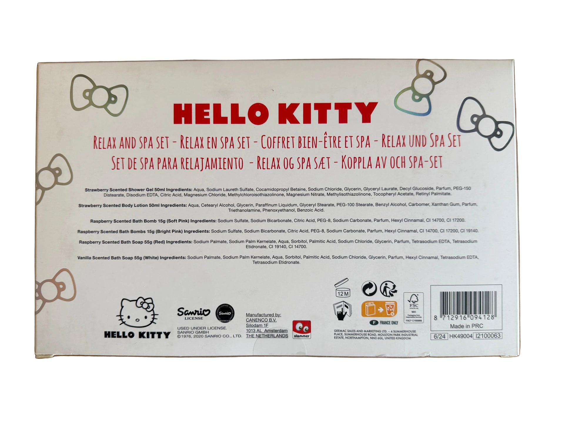 Back of a Hello Kitty product packaging with text and branding.