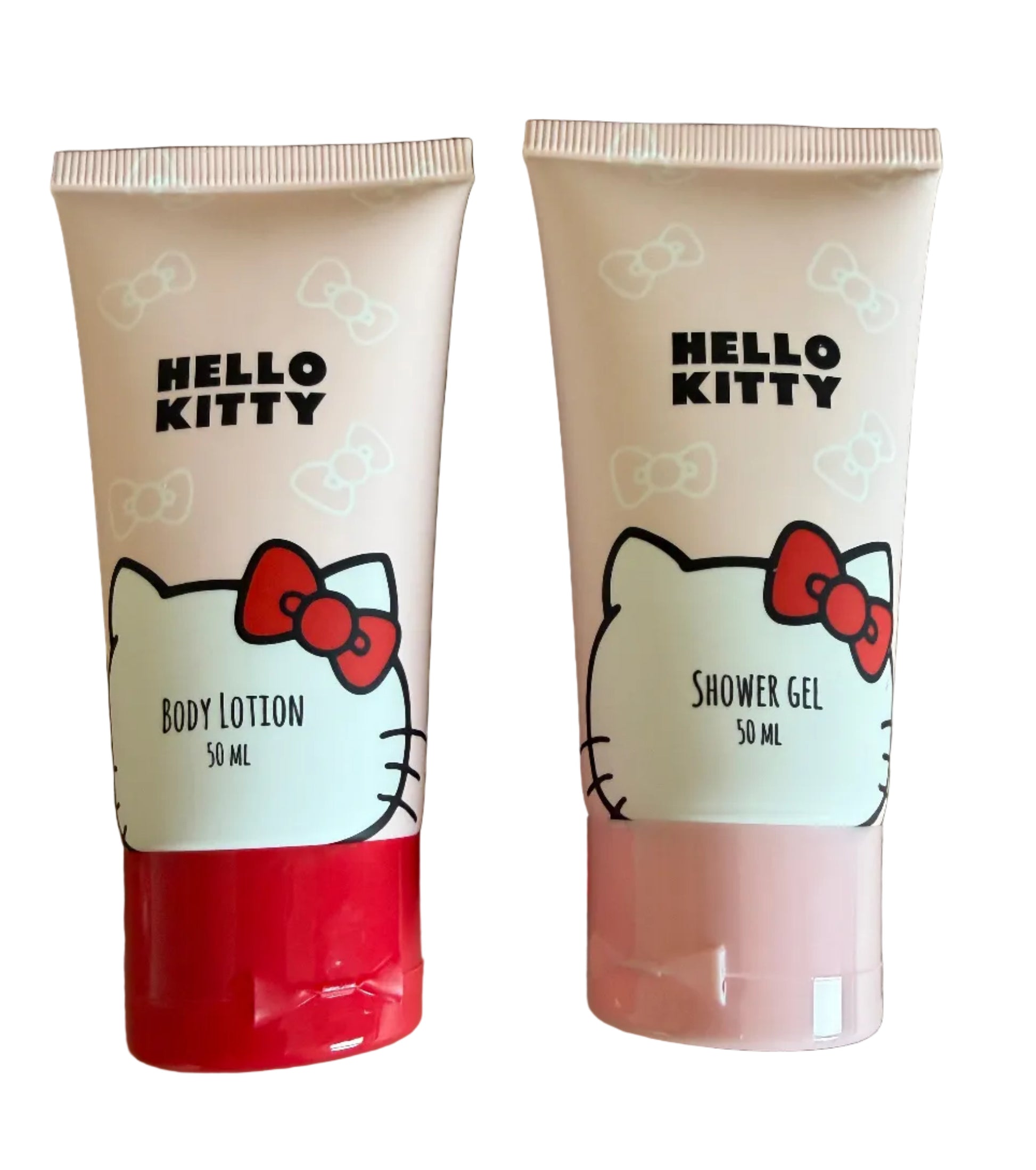 Two tubes of Hello Kitty body lotion and shower gel on a white background