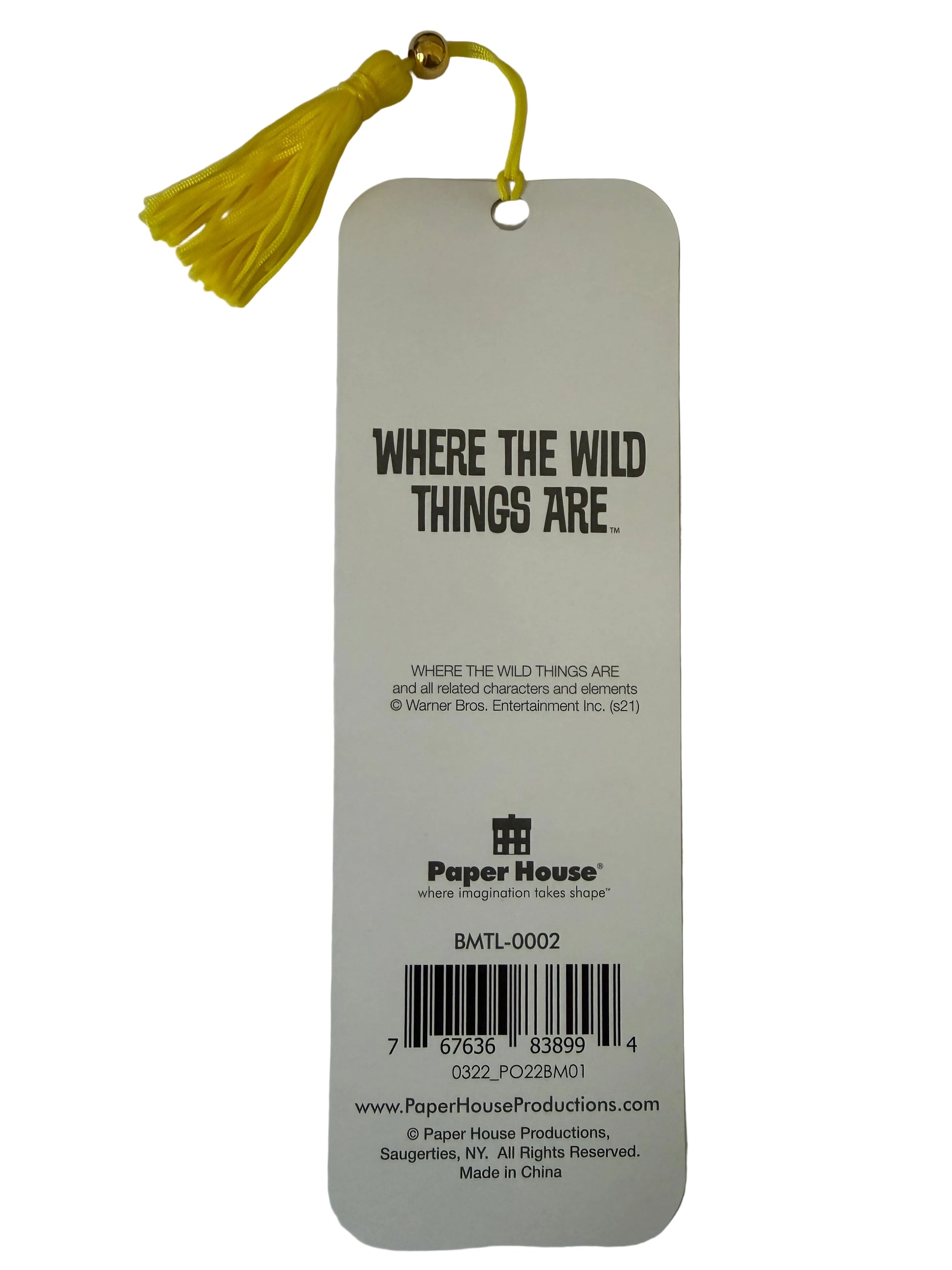 Tag with 'Where the Wild Things Are' text and a yellow tassel on a white background