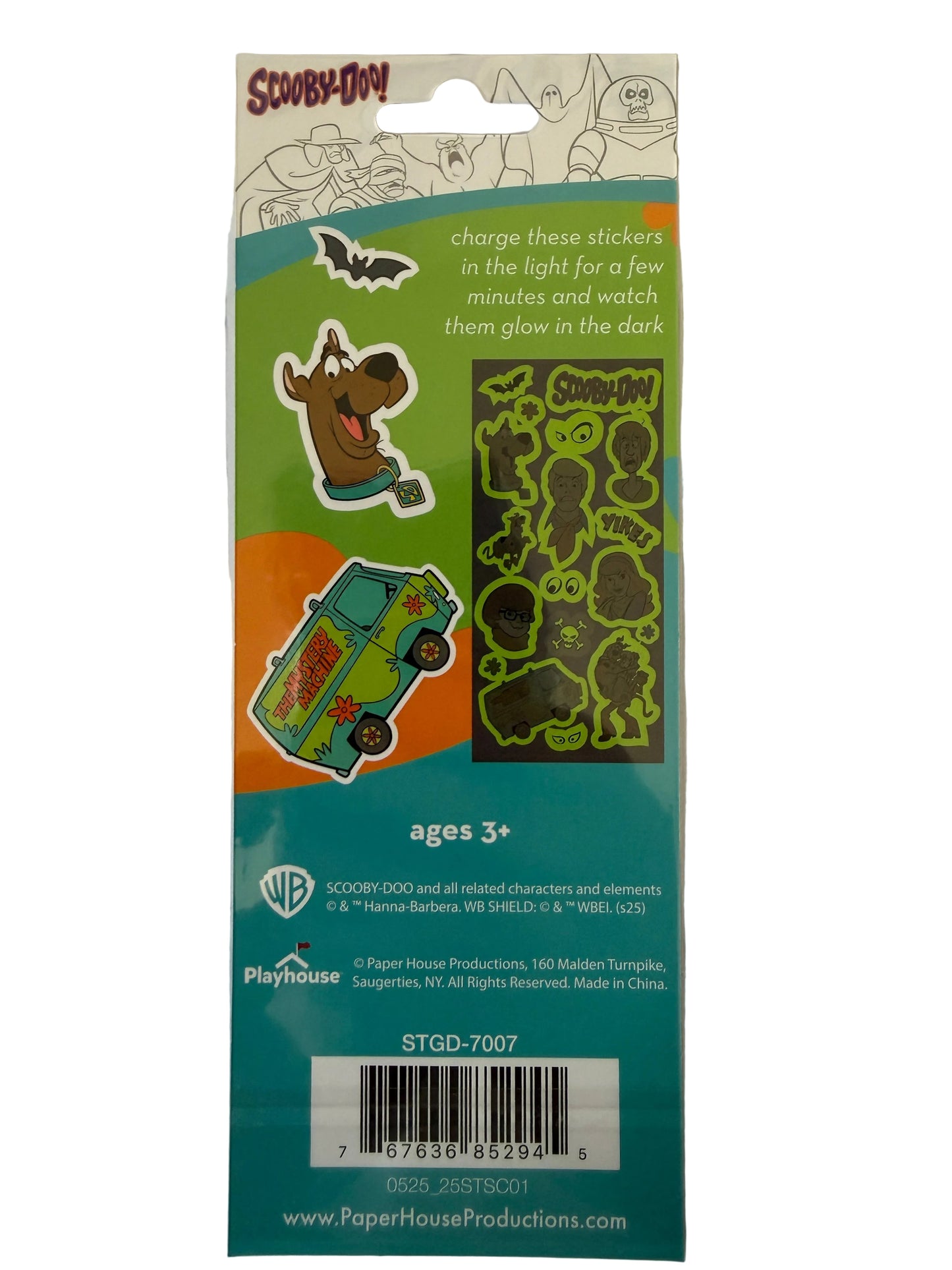 Back of Scooby-Doo glow in the dark sticker sheets featuring characters and monsters