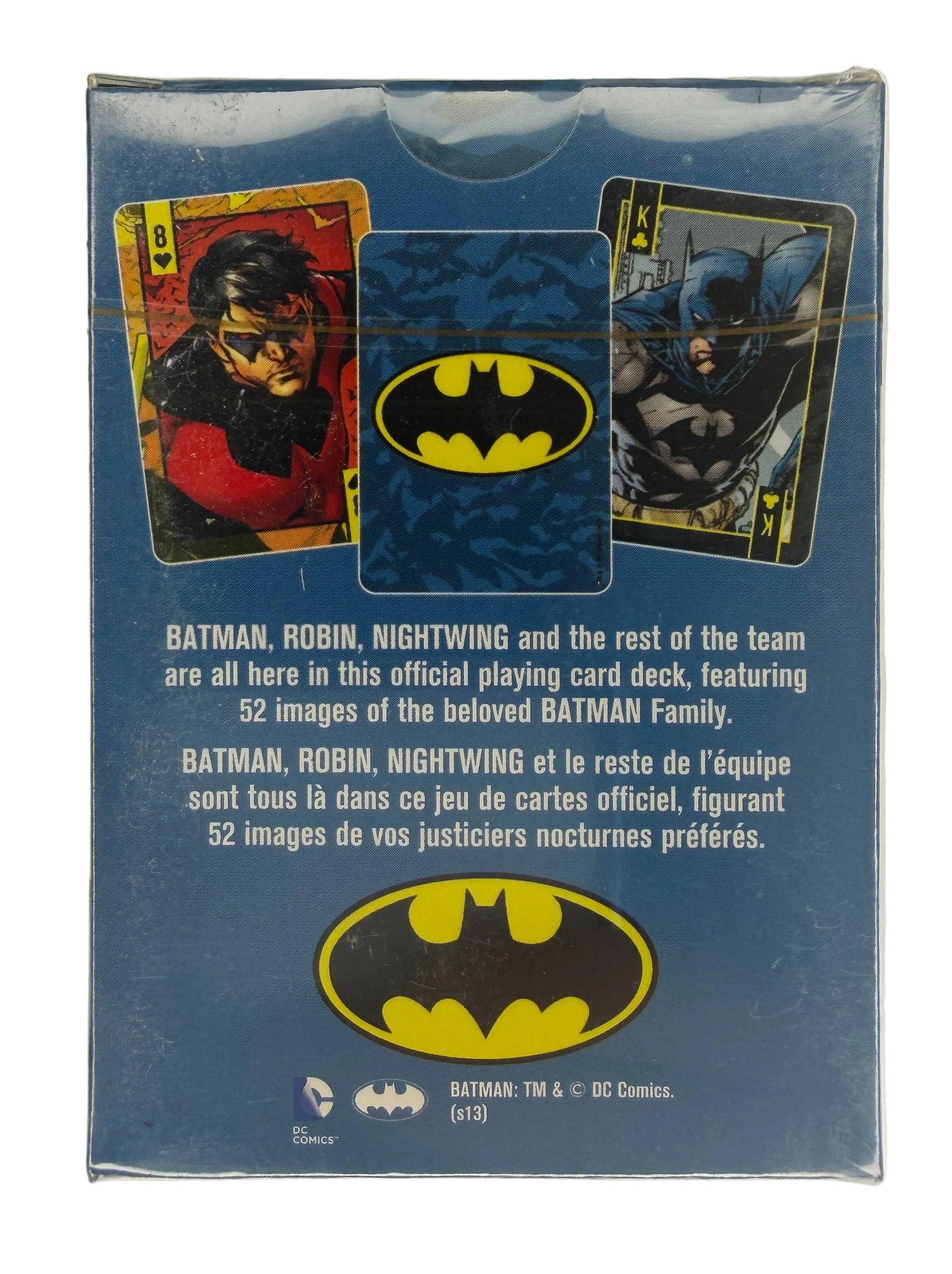 Batman trading card game box with cards and logo on a light gray background