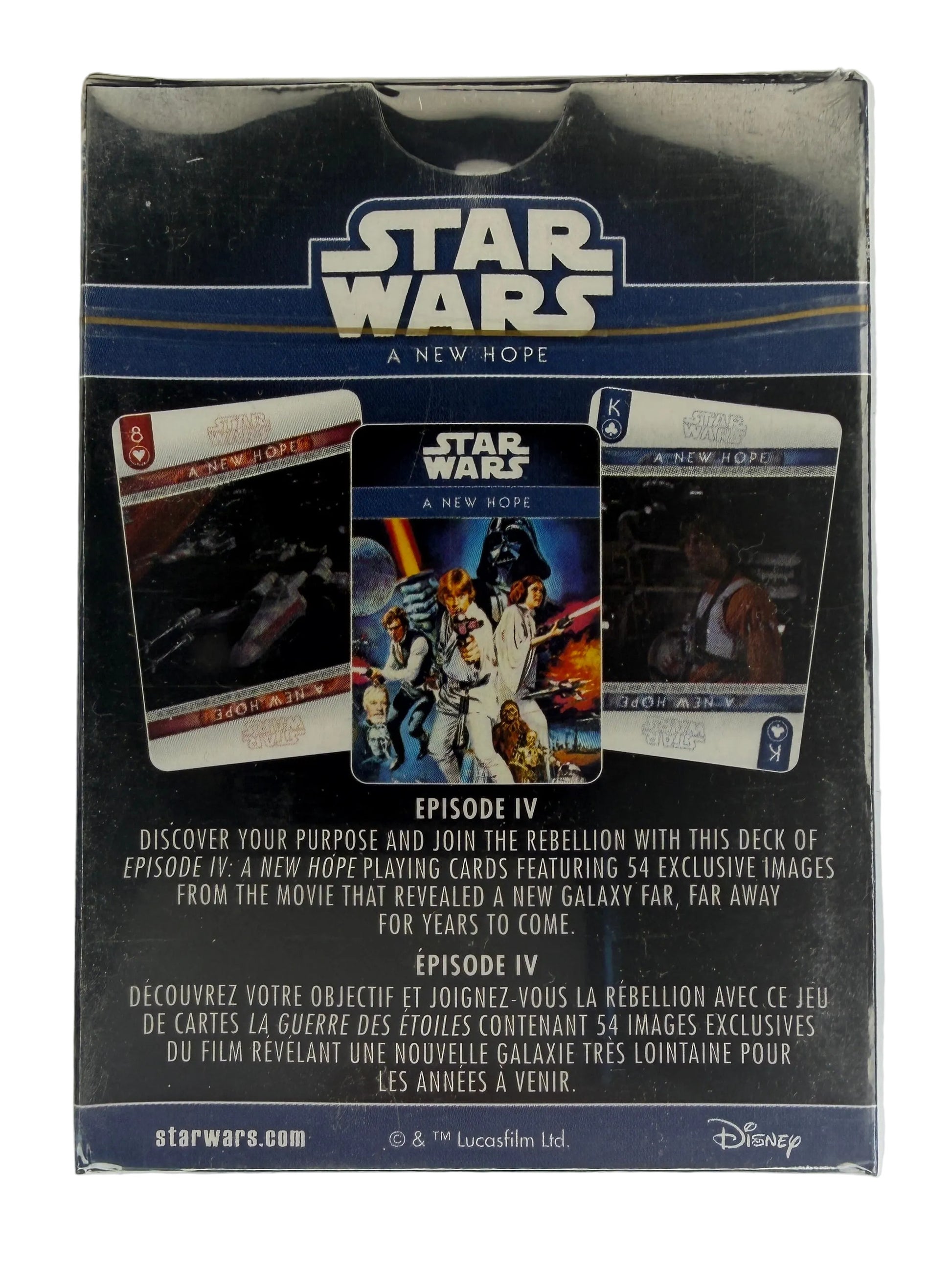Star Wars 'A New Hope' playing card back of box on a white background.