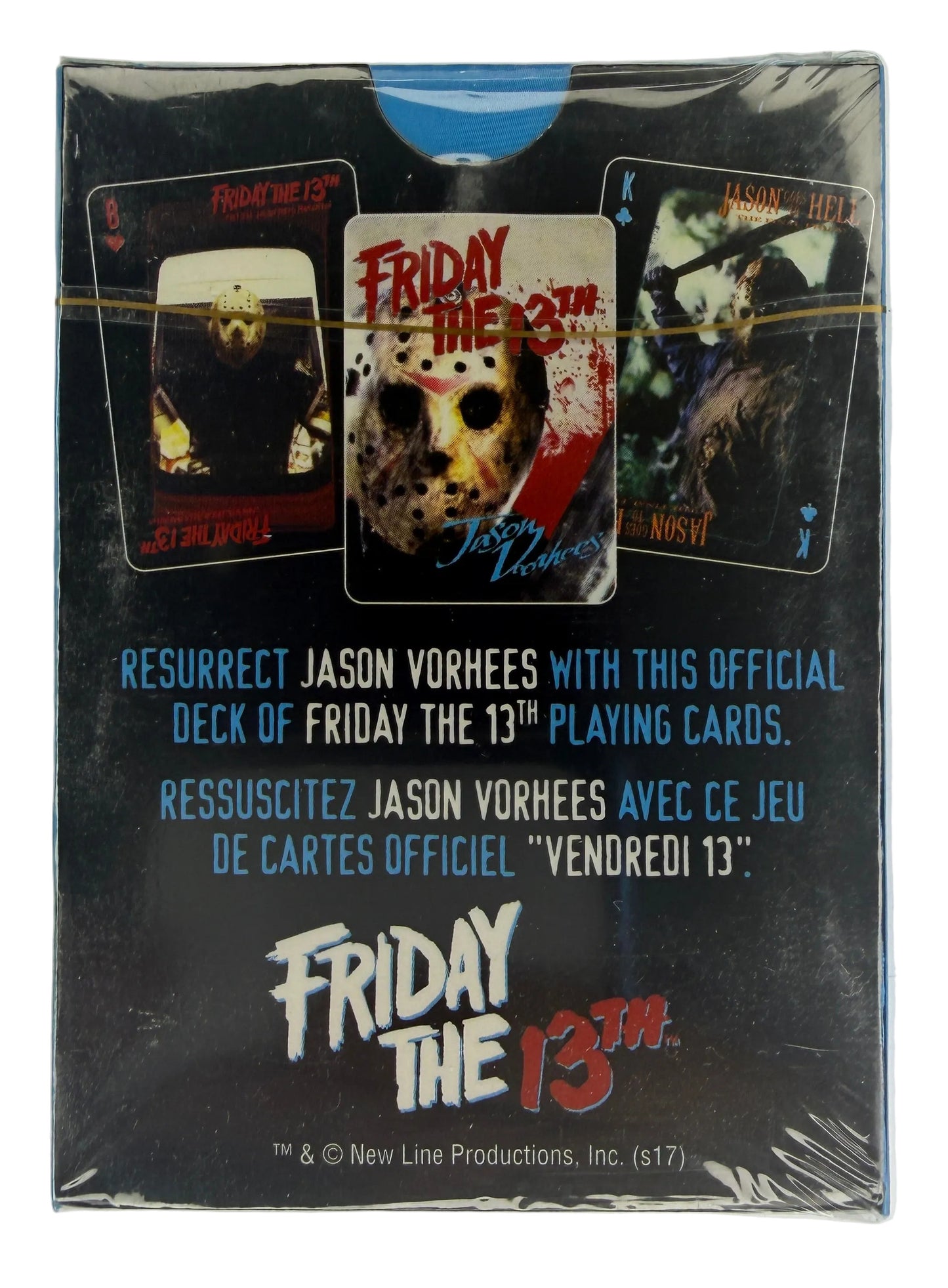 Sealed pack of 'Friday the 13th' playing cards on a white background